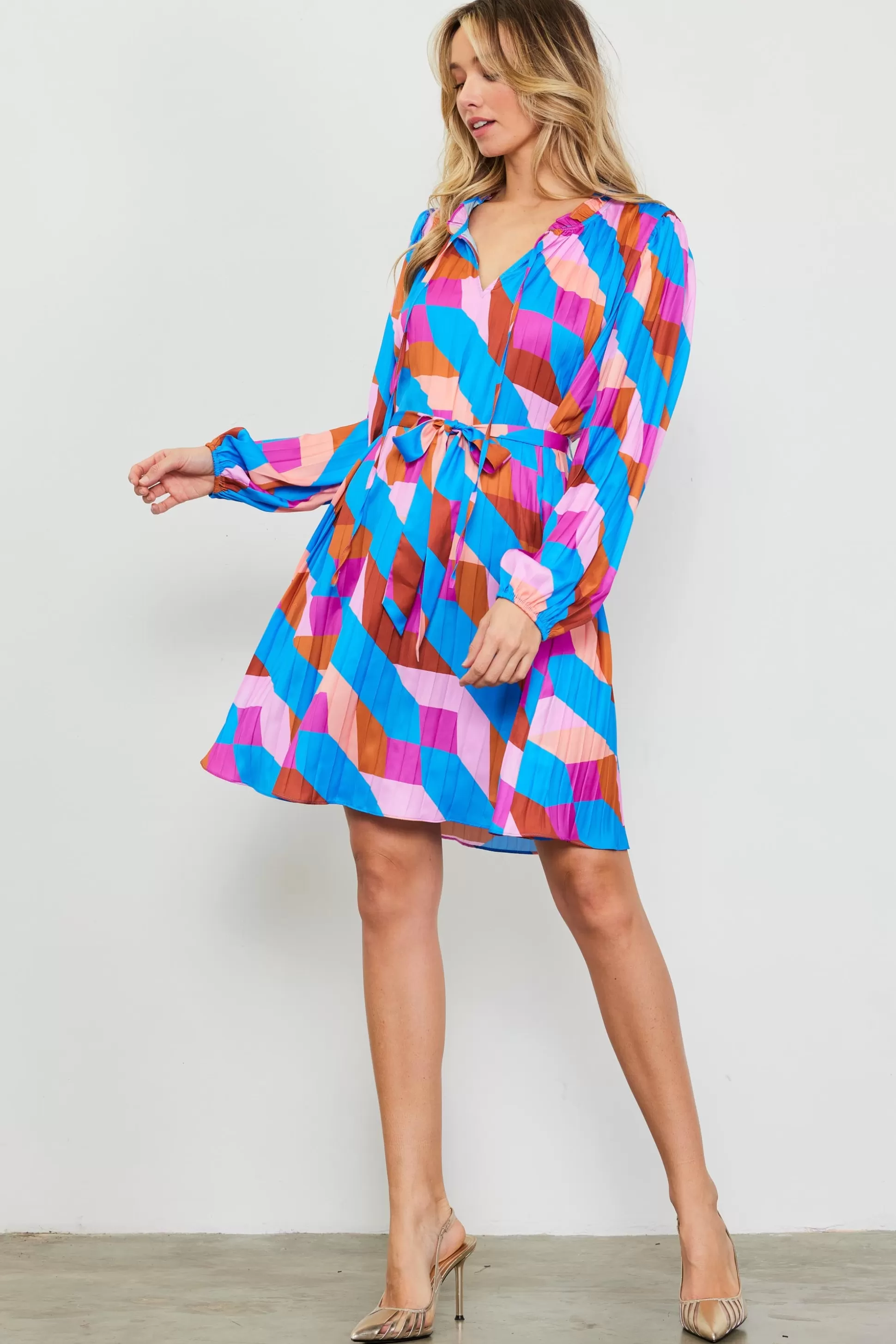 SKIES ARE BLUE Mini Dresses>Pleated Geometric Print Mini Dress Blue-mulberry