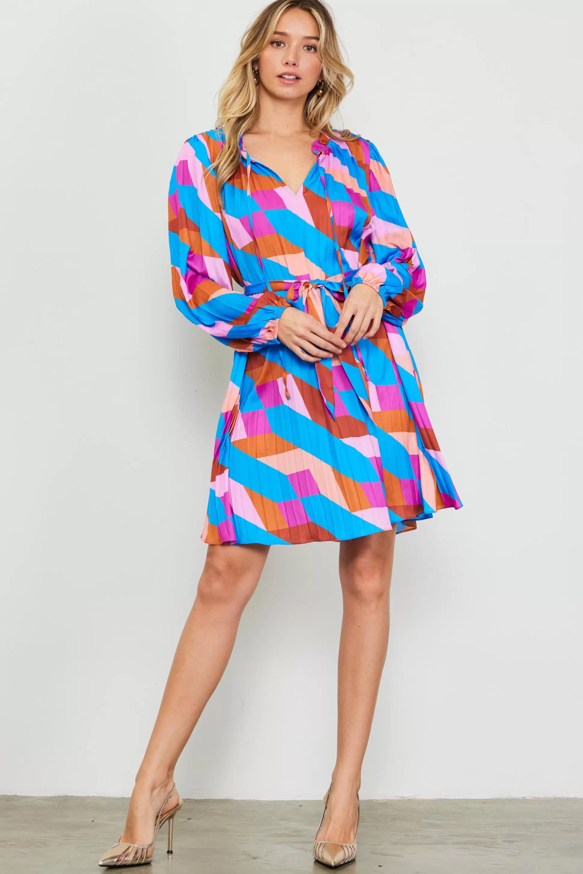 SKIES ARE BLUE Mini Dresses>Pleated Geometric Print Mini Dress Blue-mulberry