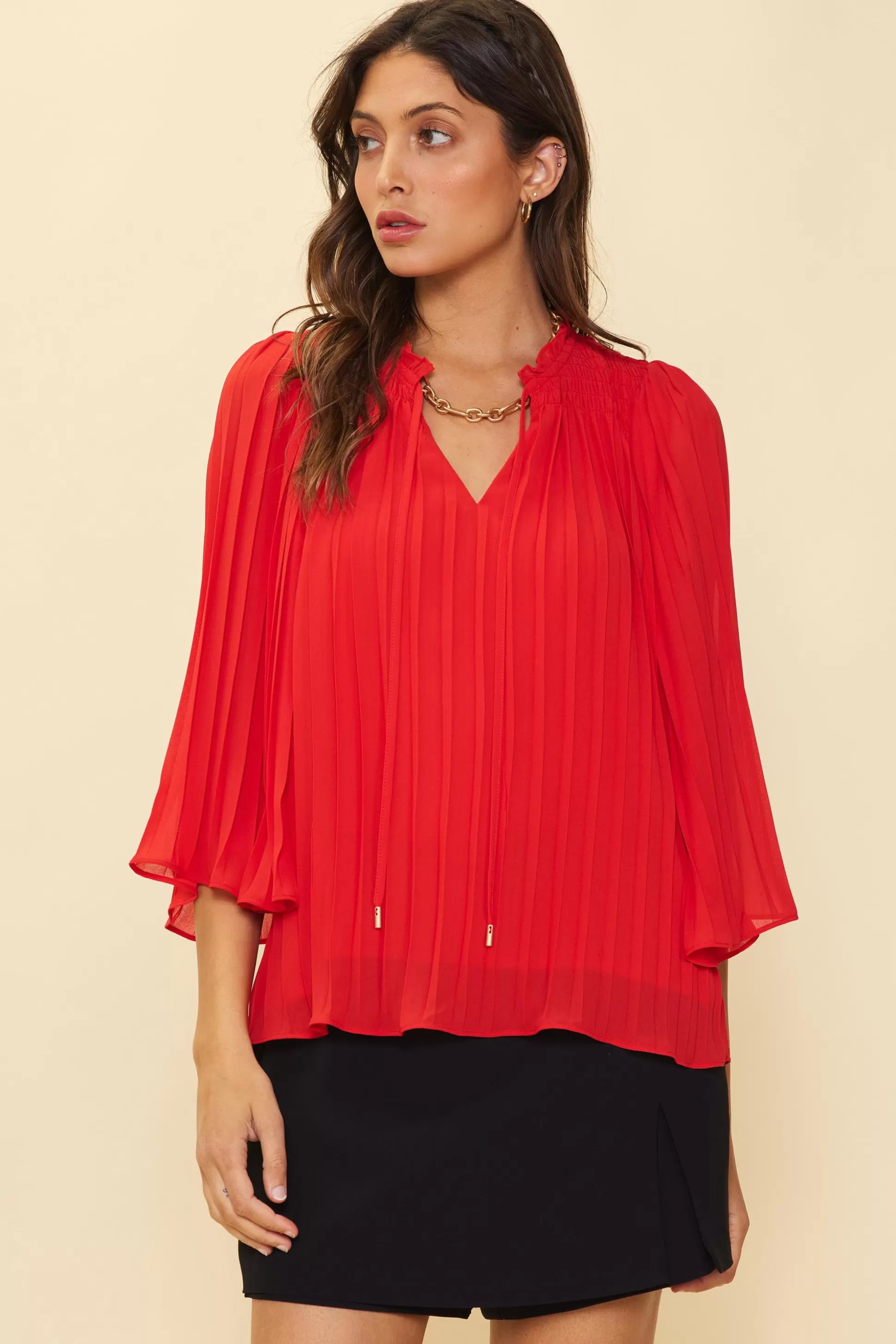 SKIES ARE BLUE Long Sleeve Tops>Pleated Ruffled Trim Top Coralred