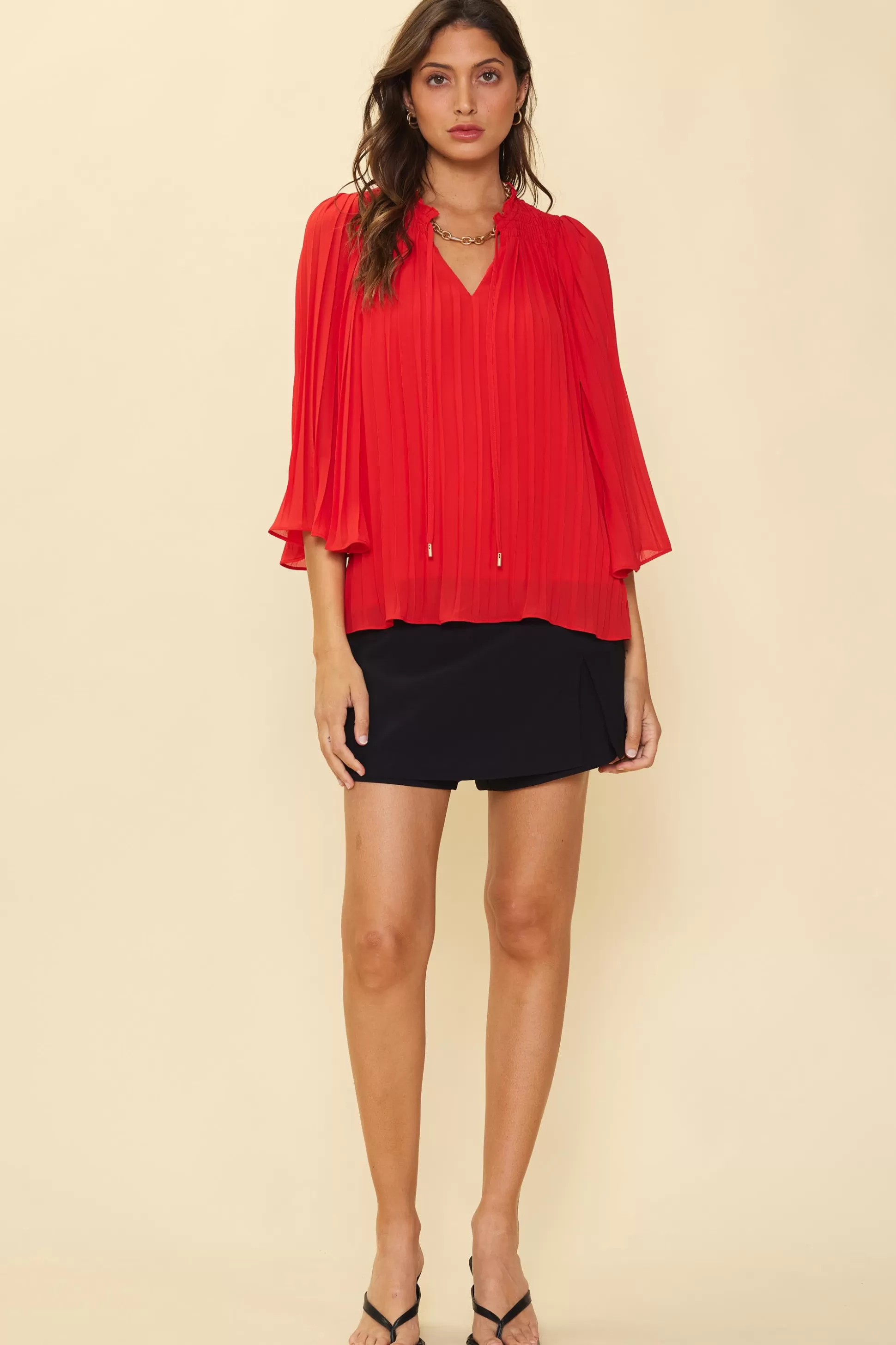 SKIES ARE BLUE Long Sleeve Tops>Pleated Ruffled Trim Top Coralred