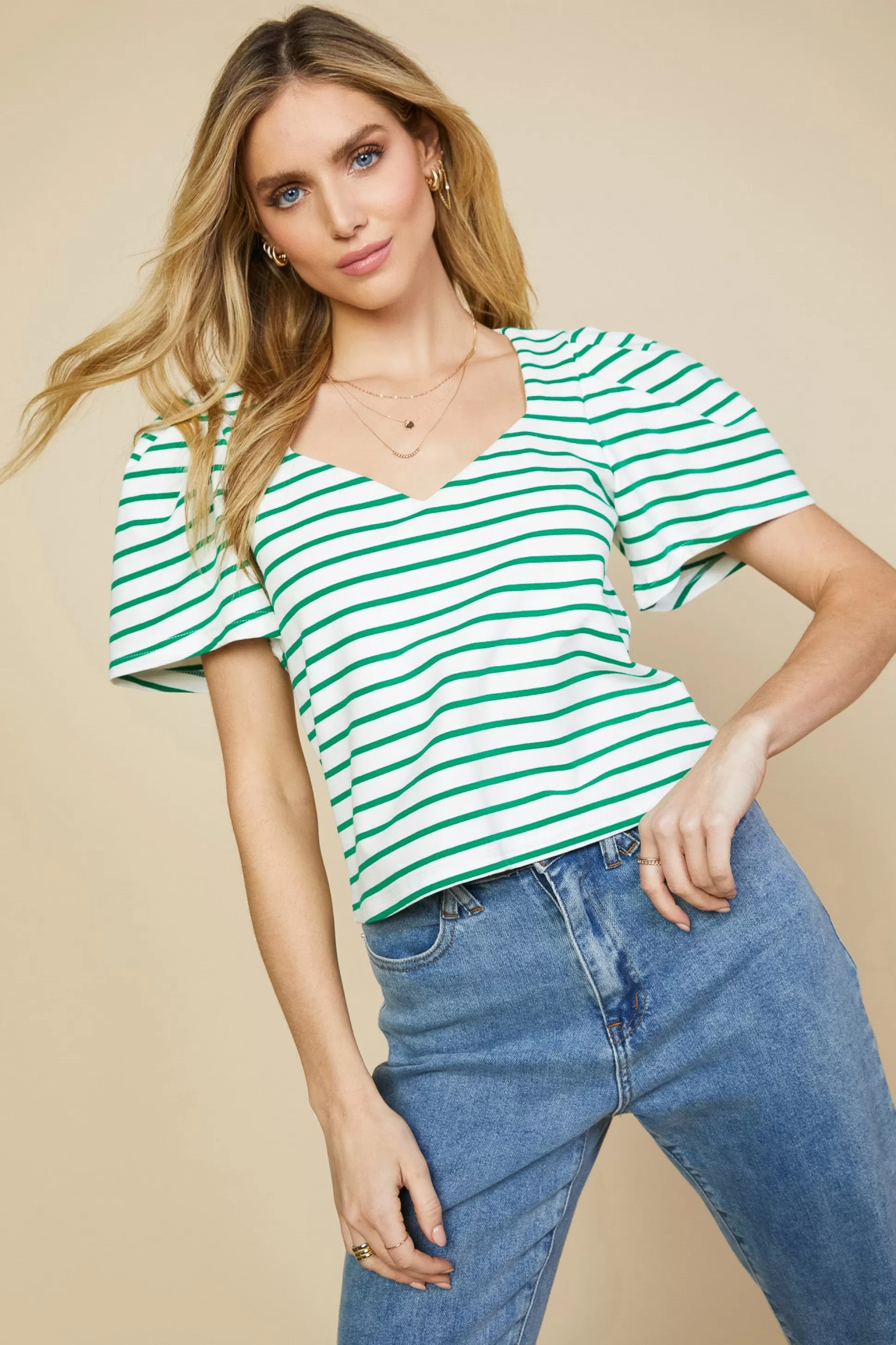 SKIES ARE BLUE Short Sleeve Tops>Pleated Sleeve Knit Top Jadegreen