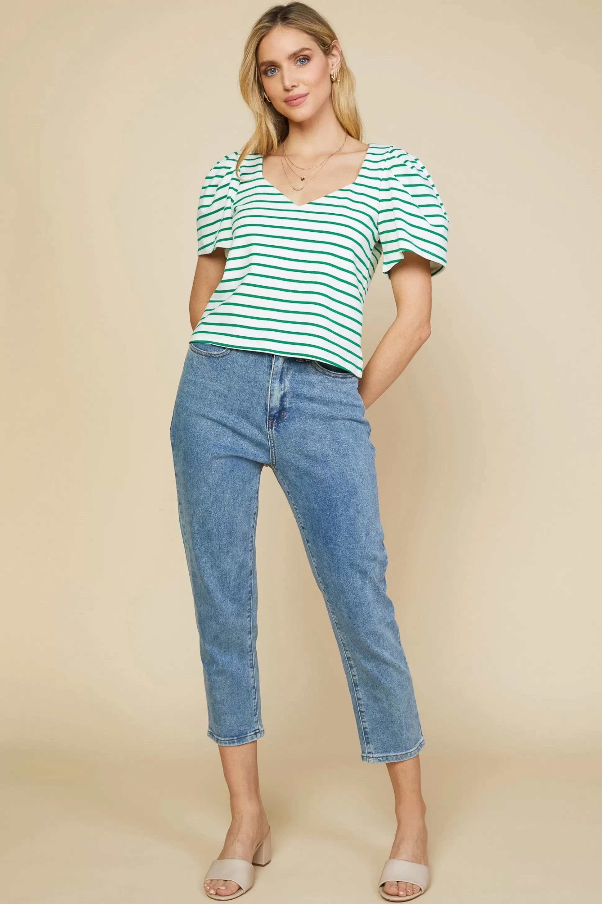 SKIES ARE BLUE Short Sleeve Tops>Pleated Sleeve Knit Top Jadegreen