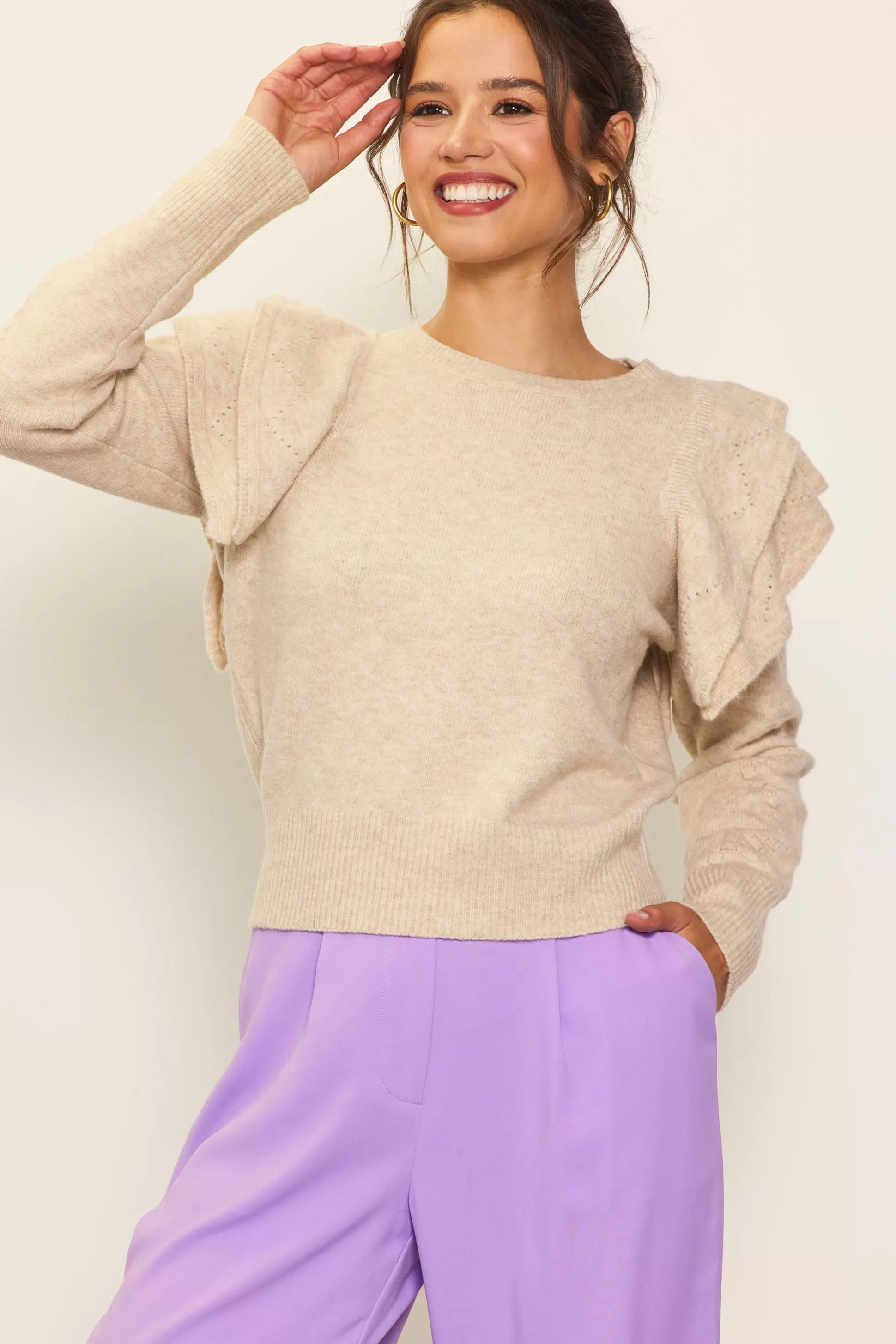 SKIES ARE BLUE Sweaters>Pointelle-Knit Ruffle Sleeve Sweater Cream