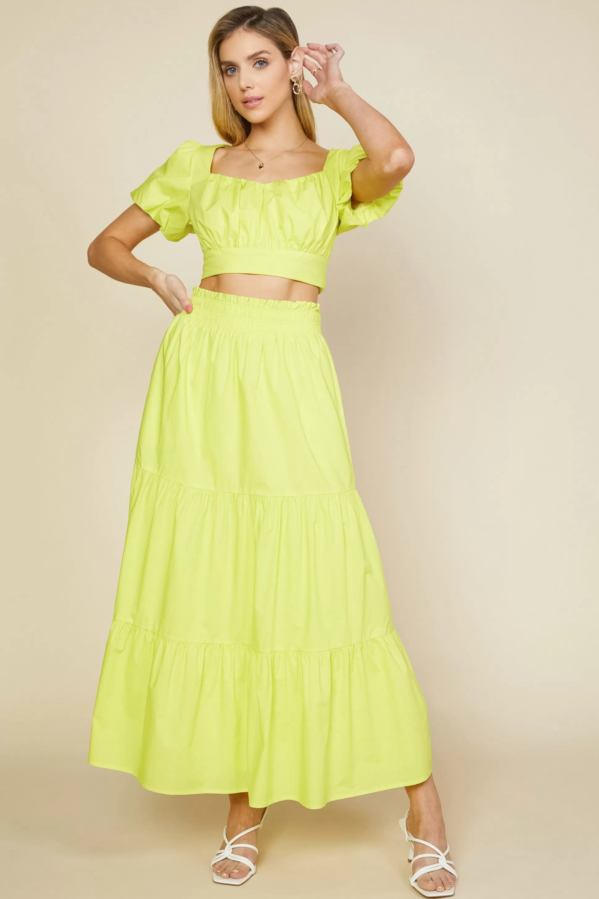 SKIES ARE BLUE Skirts>Poplin Tiered Maxi Skirt Limeyellow