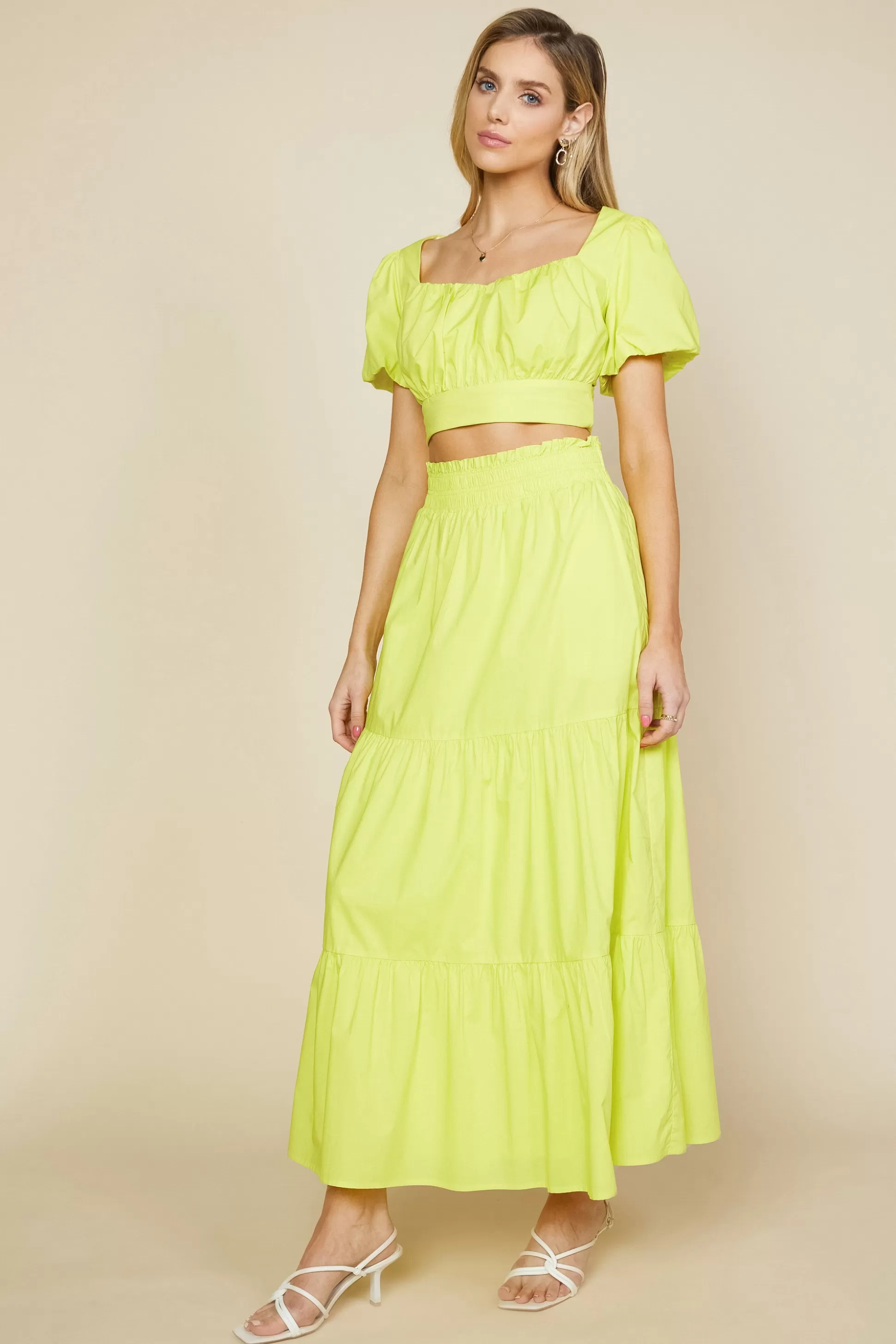 SKIES ARE BLUE Skirts>Poplin Tiered Maxi Skirt Limeyellow