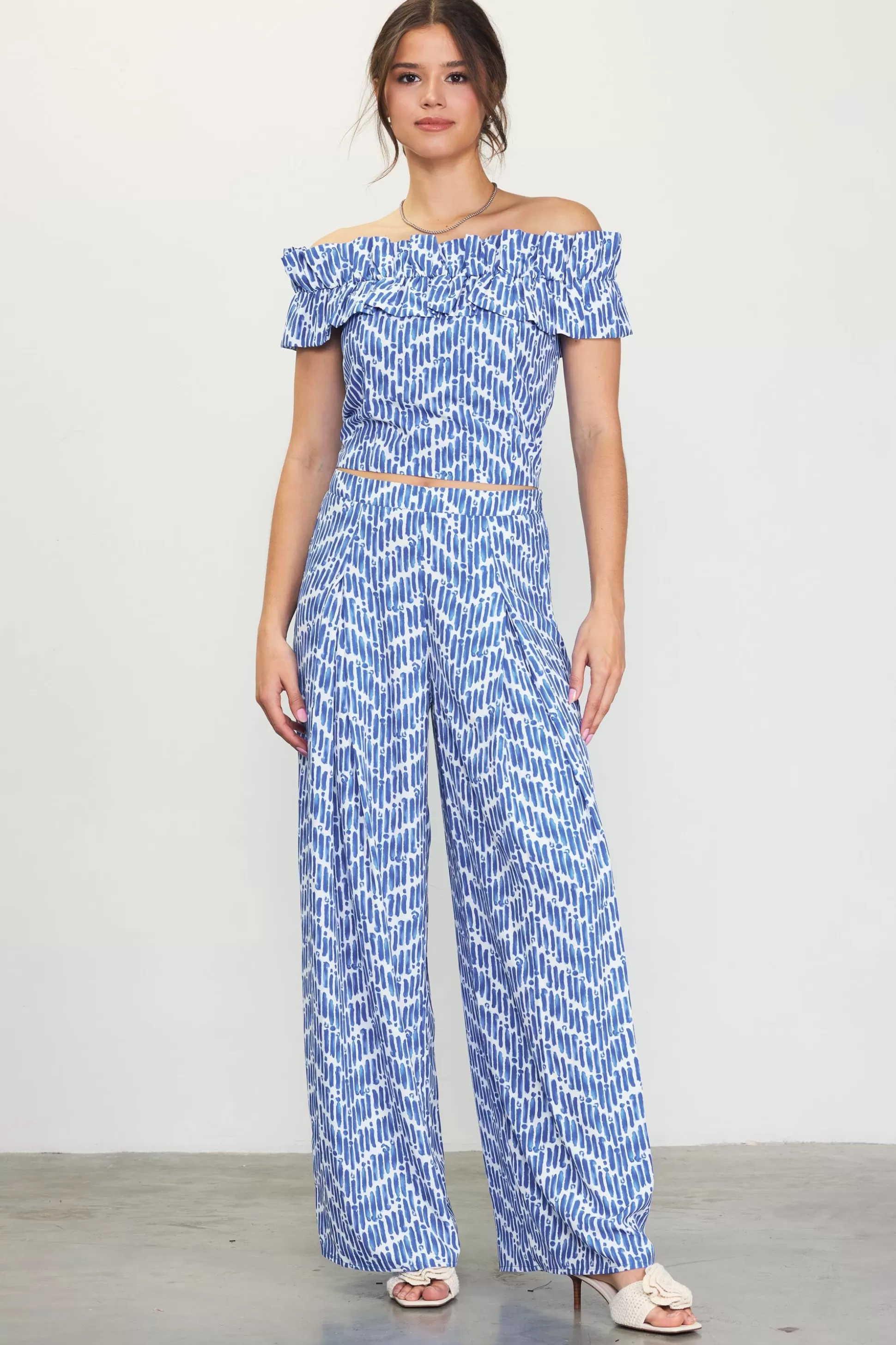 SKIES ARE BLUE Pants>Printed Wide-Leg Pants Blue