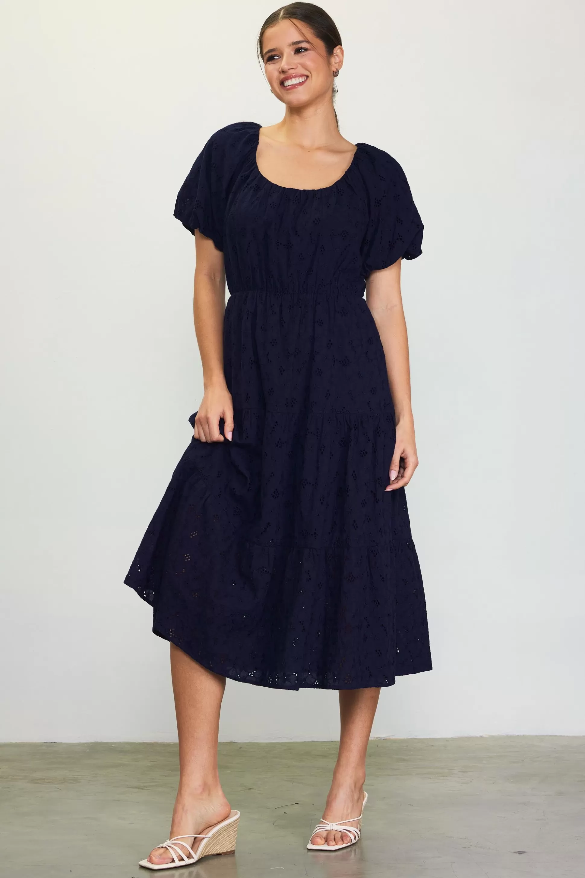 SKIES ARE BLUE Midi Dresses>Puffed Sleeve Tiered Midi Dress Navy