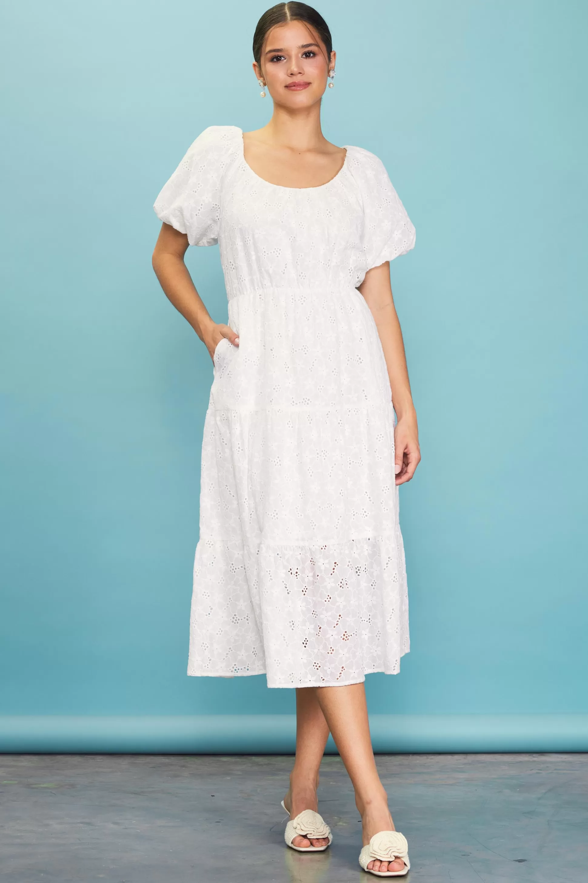 SKIES ARE BLUE Midi Dresses>Puffed Sleeve Tiered Midi Dress White