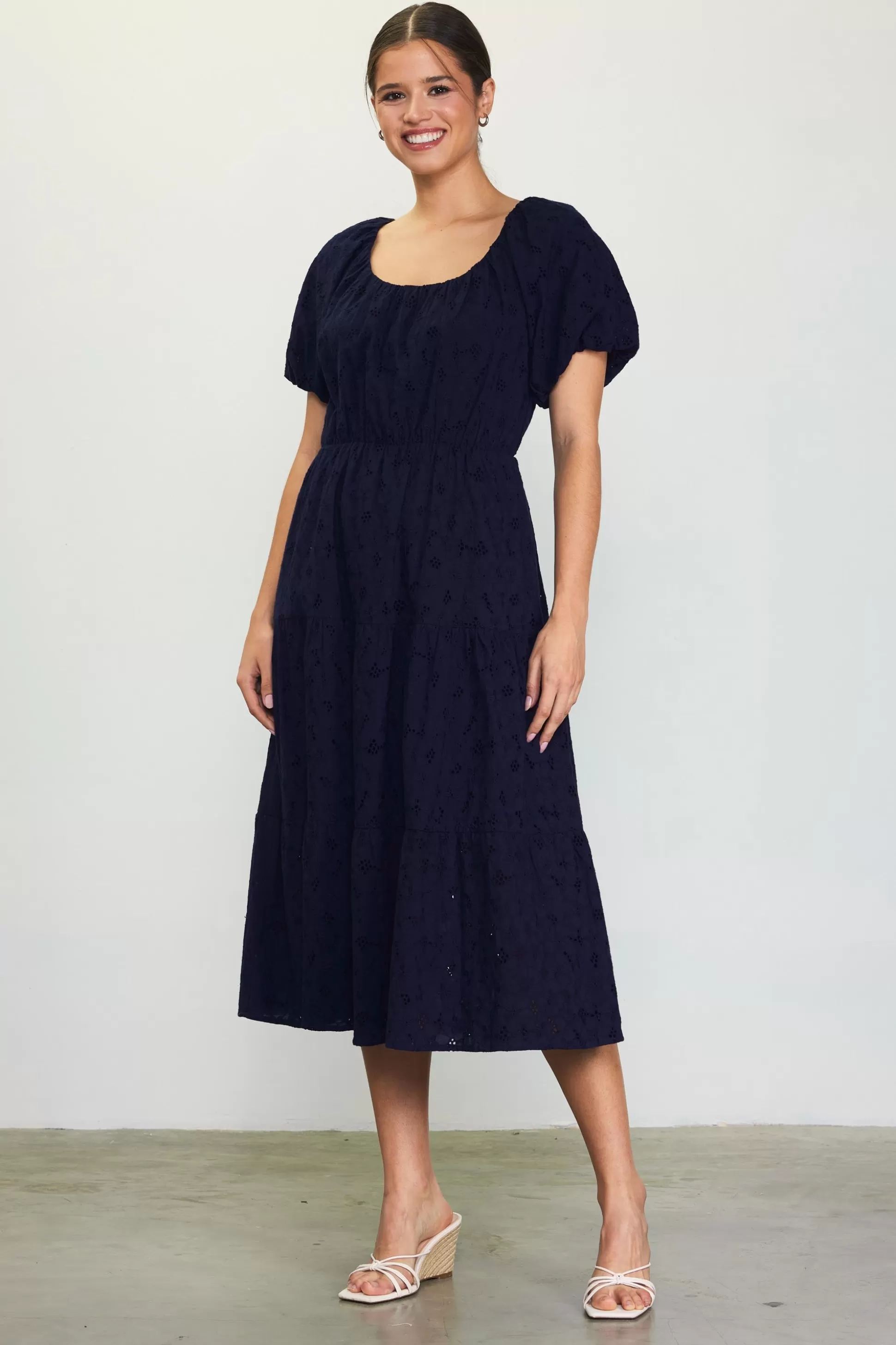 SKIES ARE BLUE Midi Dresses>Puffed Sleeve Tiered Midi Dress Navy