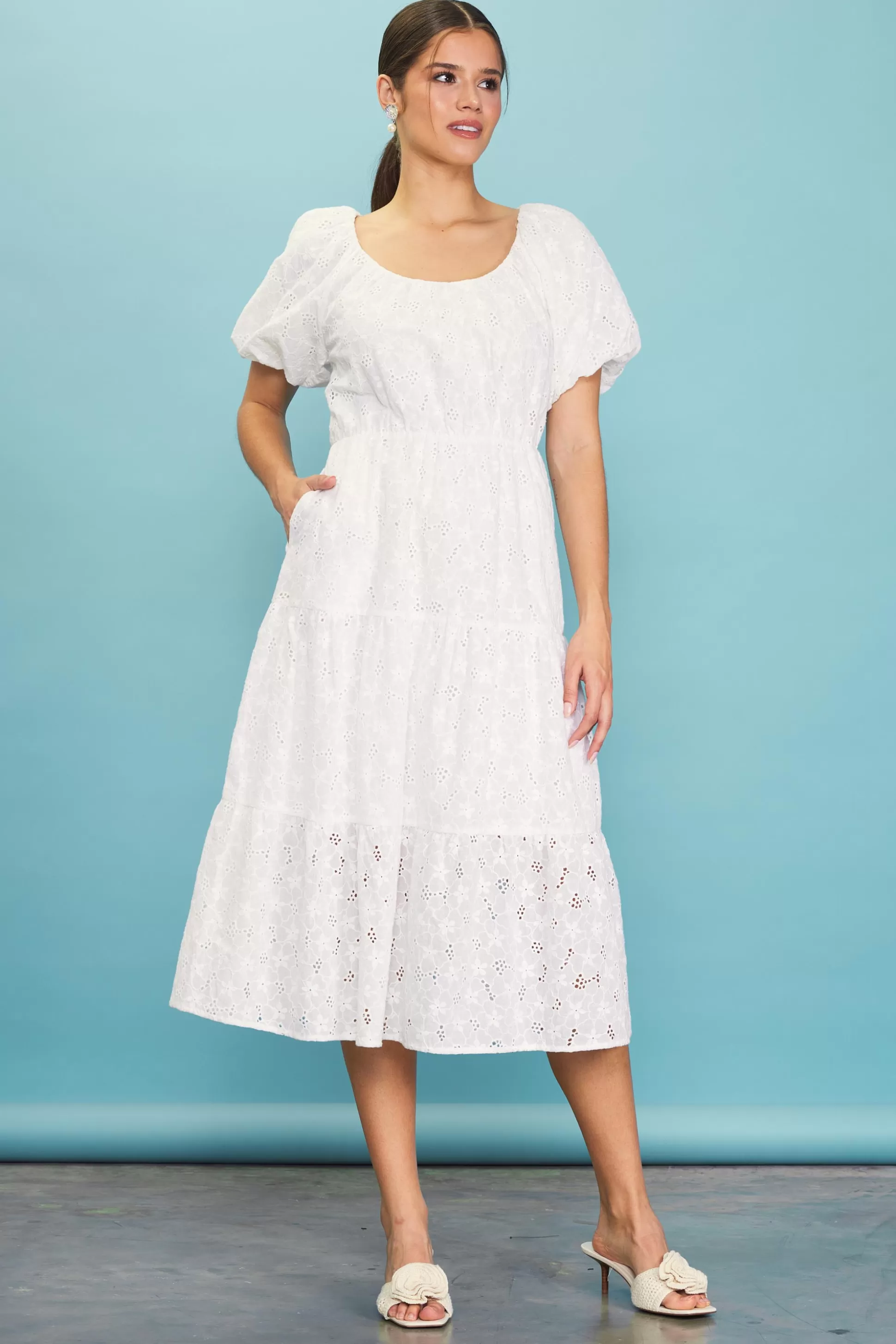 SKIES ARE BLUE Midi Dresses>Puffed Sleeve Tiered Midi Dress White