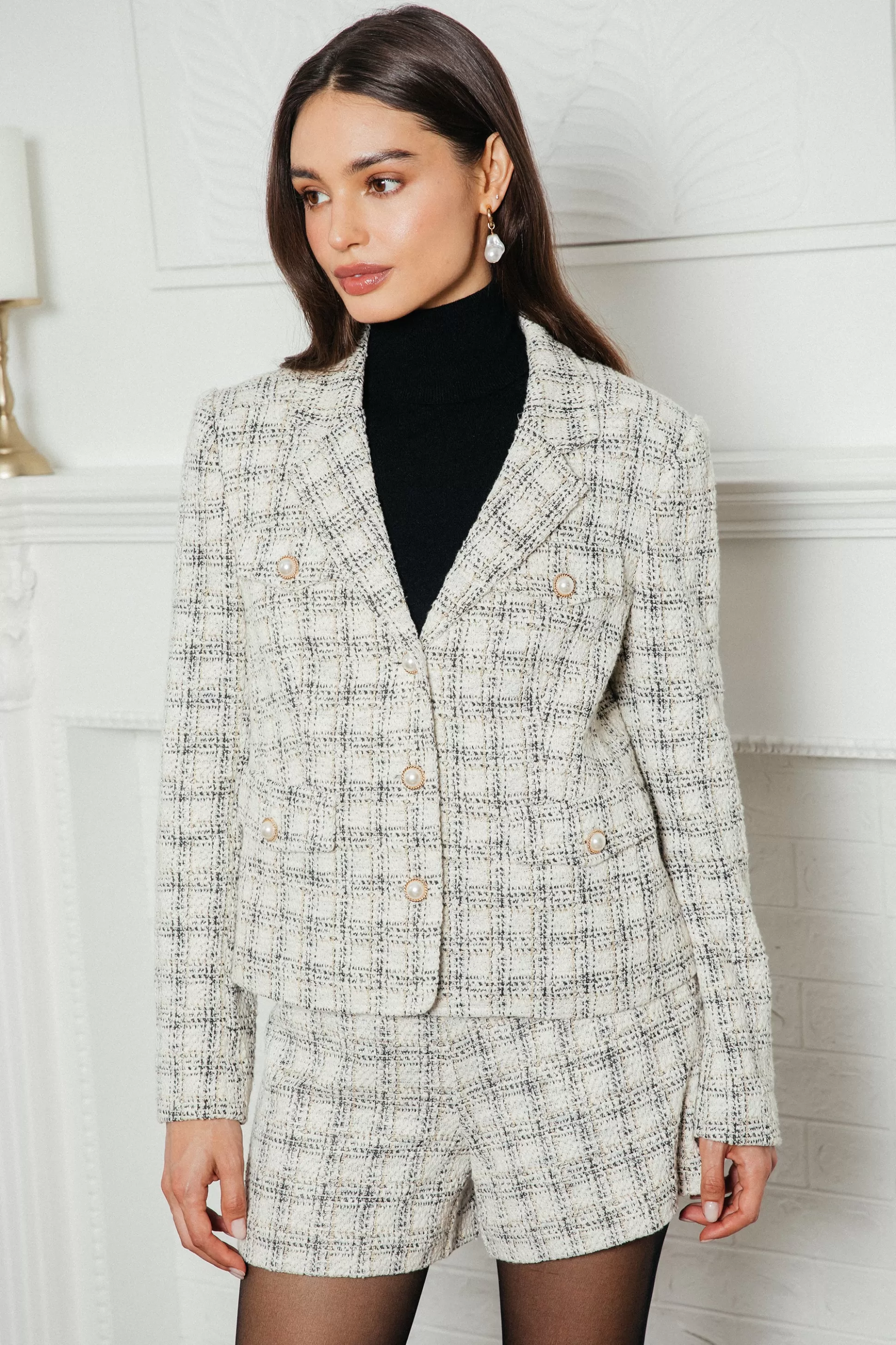 SKIES ARE BLUE Blazers>Raina Plaid Tweed Jacket Ivory-black