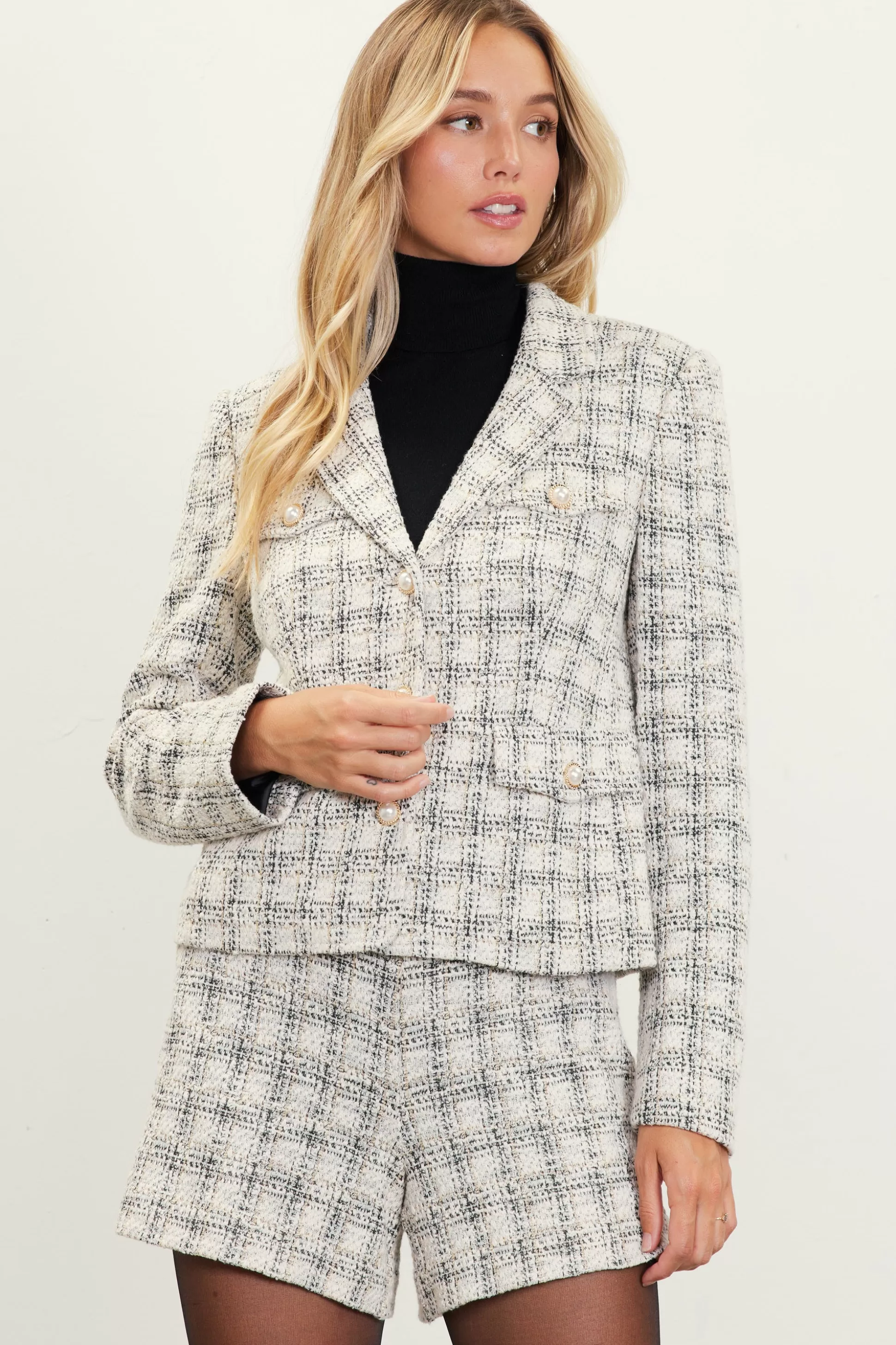 SKIES ARE BLUE Blazers>Raina Plaid Tweed Jacket Ivory-black