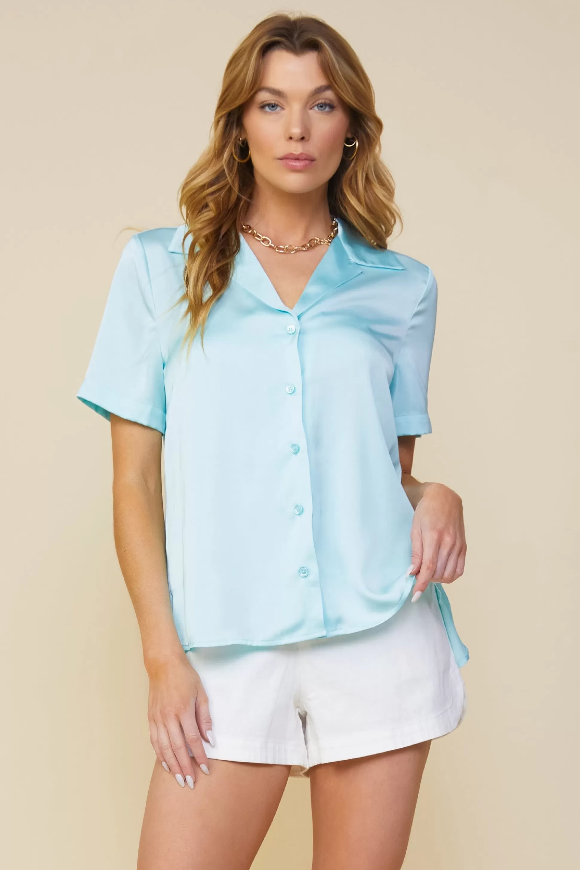 SKIES ARE BLUE Short Sleeve Tops>Recycled Button Down Short Sleeve Shirt Iceblue