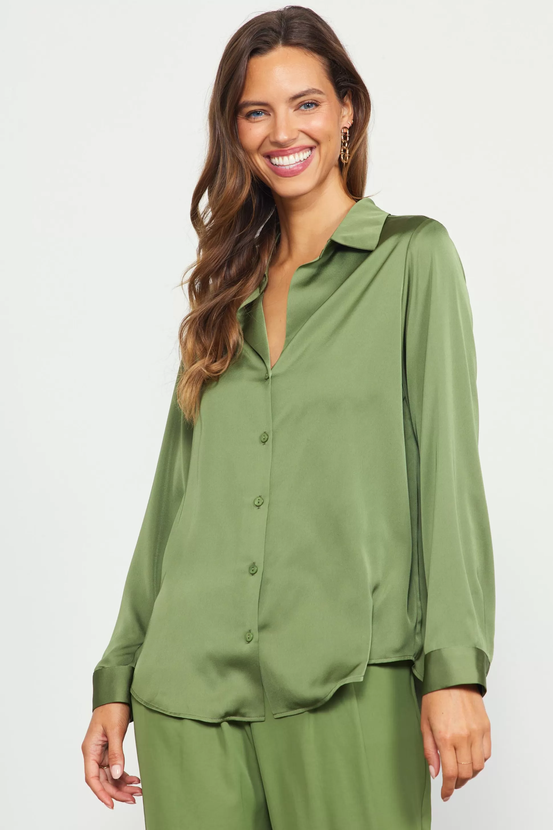 SKIES ARE BLUE Blouses | Long Sleeve Tops>Recycled Button Down Top Olive