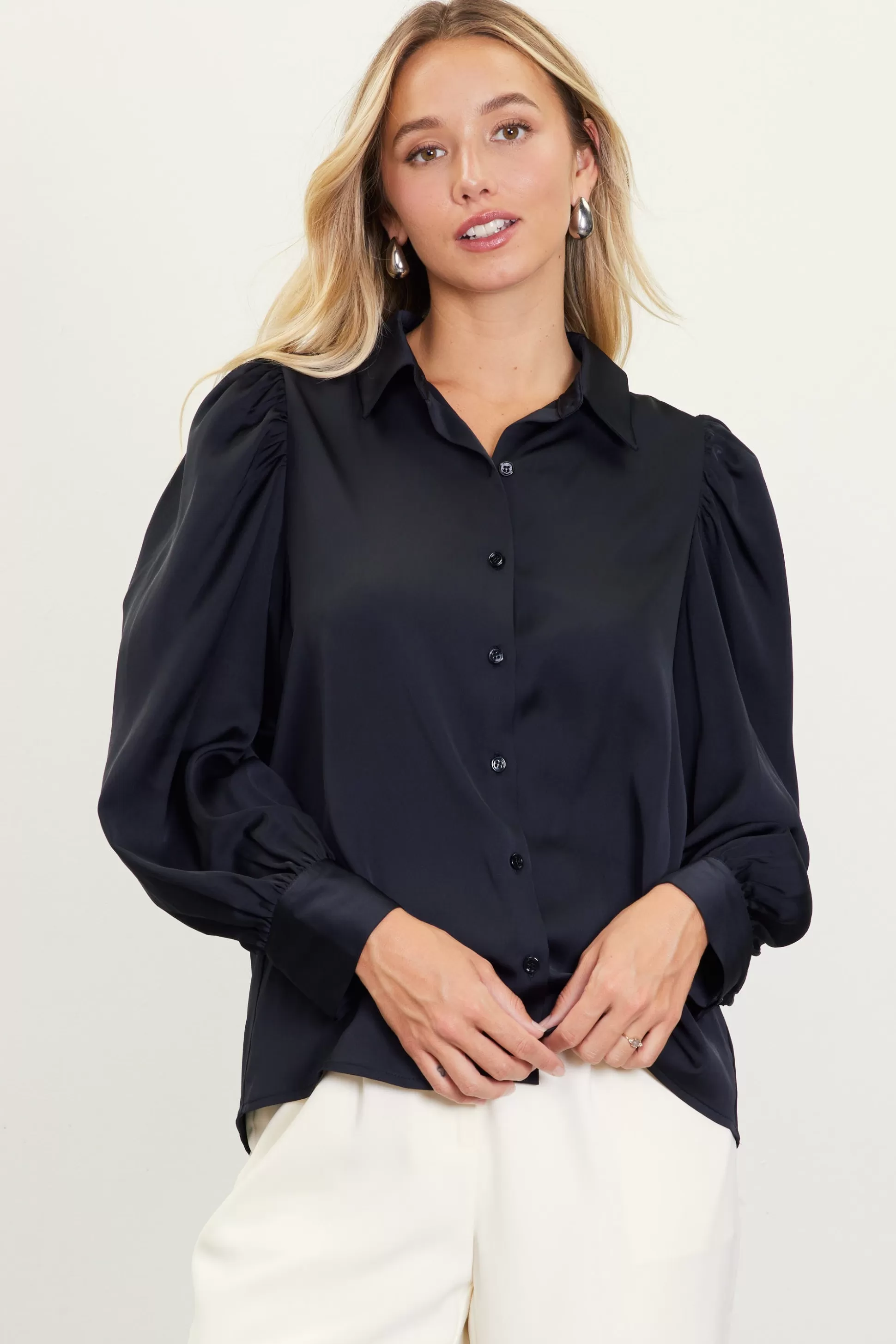 SKIES ARE BLUE Blouses | Long Sleeve Tops>Recycled Button-Up Blouse Black