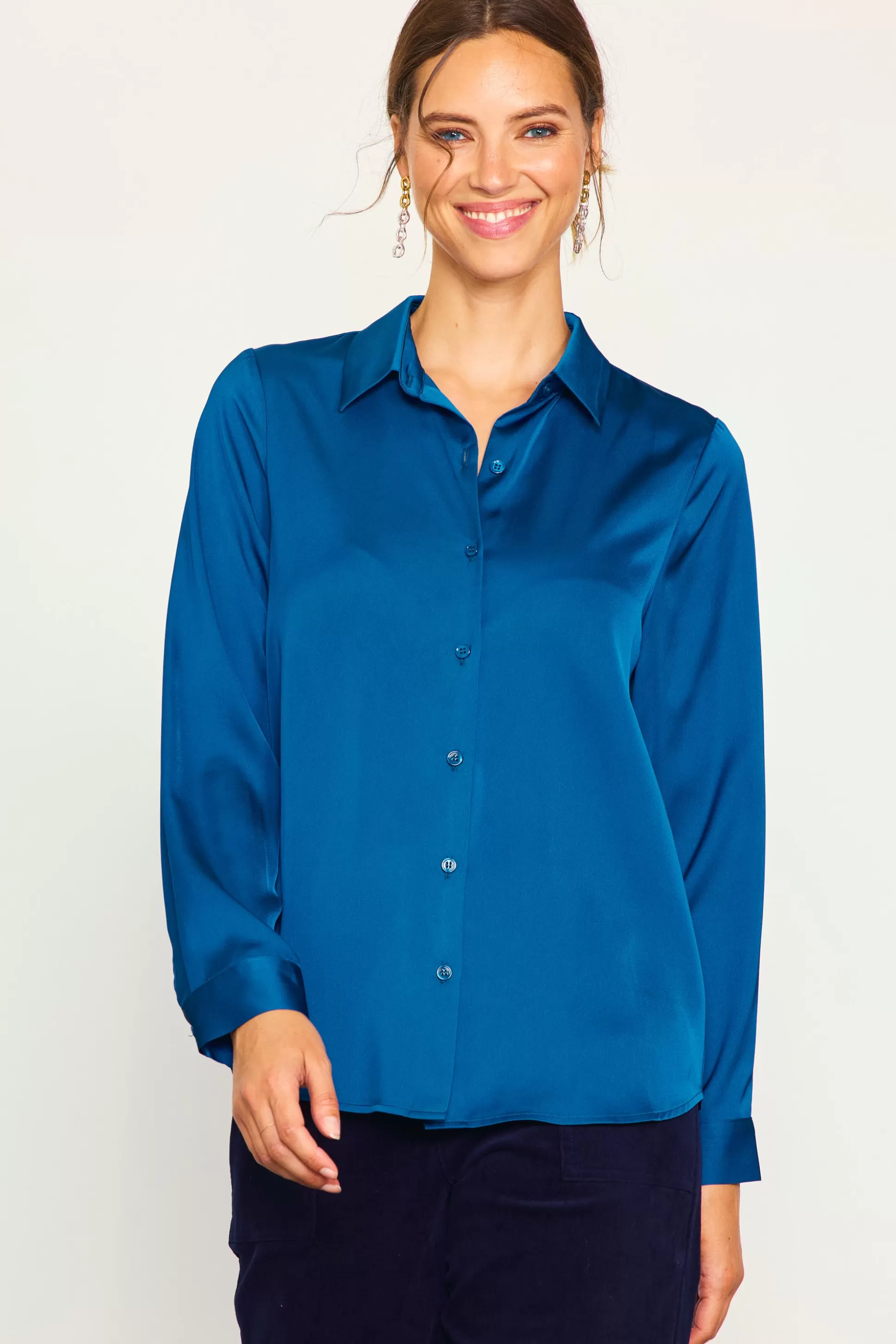 SKIES ARE BLUE Blouses | Long Sleeve Tops>Recycled Classic Button Down Top Darkteal