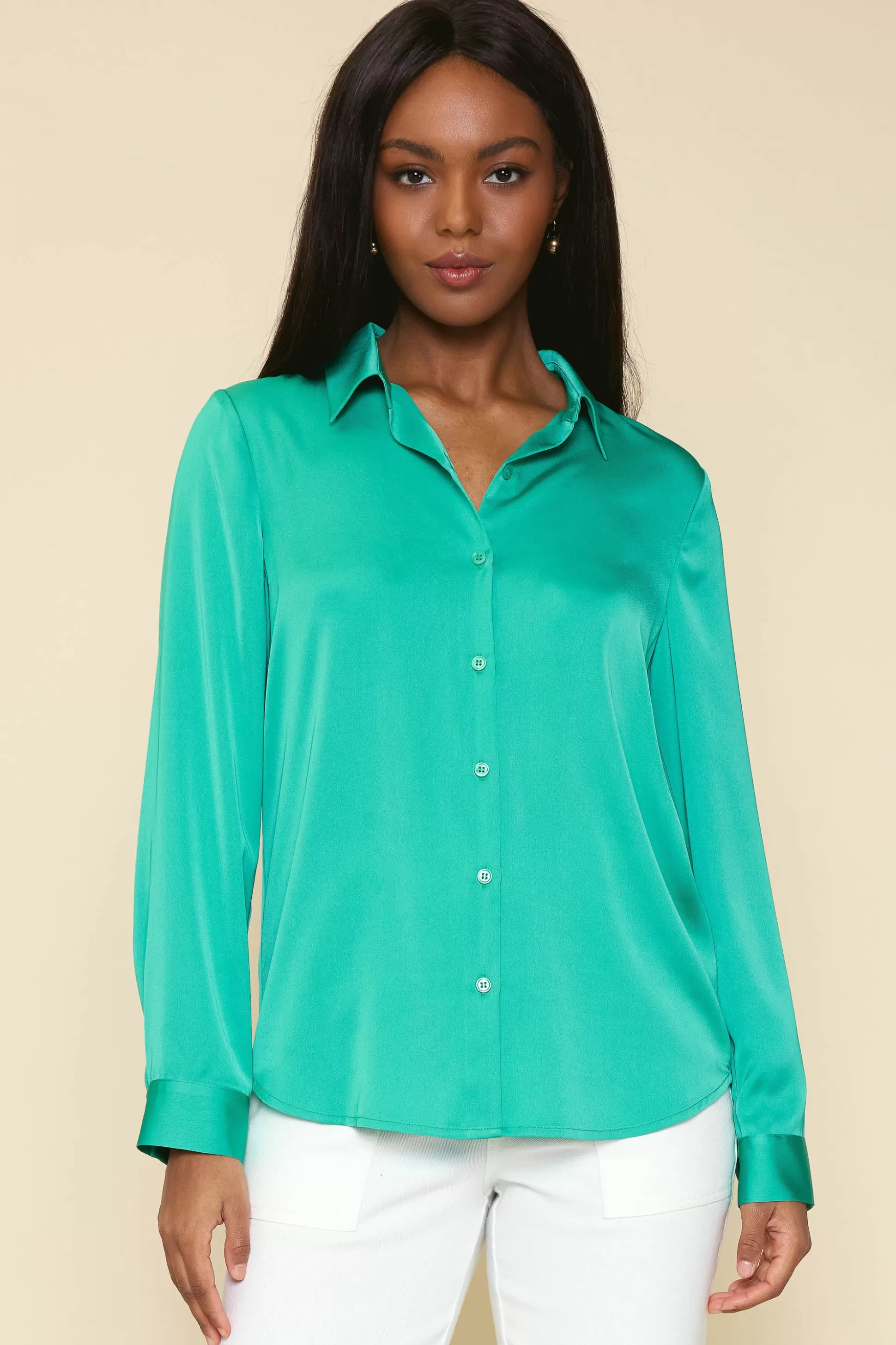 SKIES ARE BLUE Blouses | Long Sleeve Tops>Recycled Classic Button Down Top Emeraldgreen