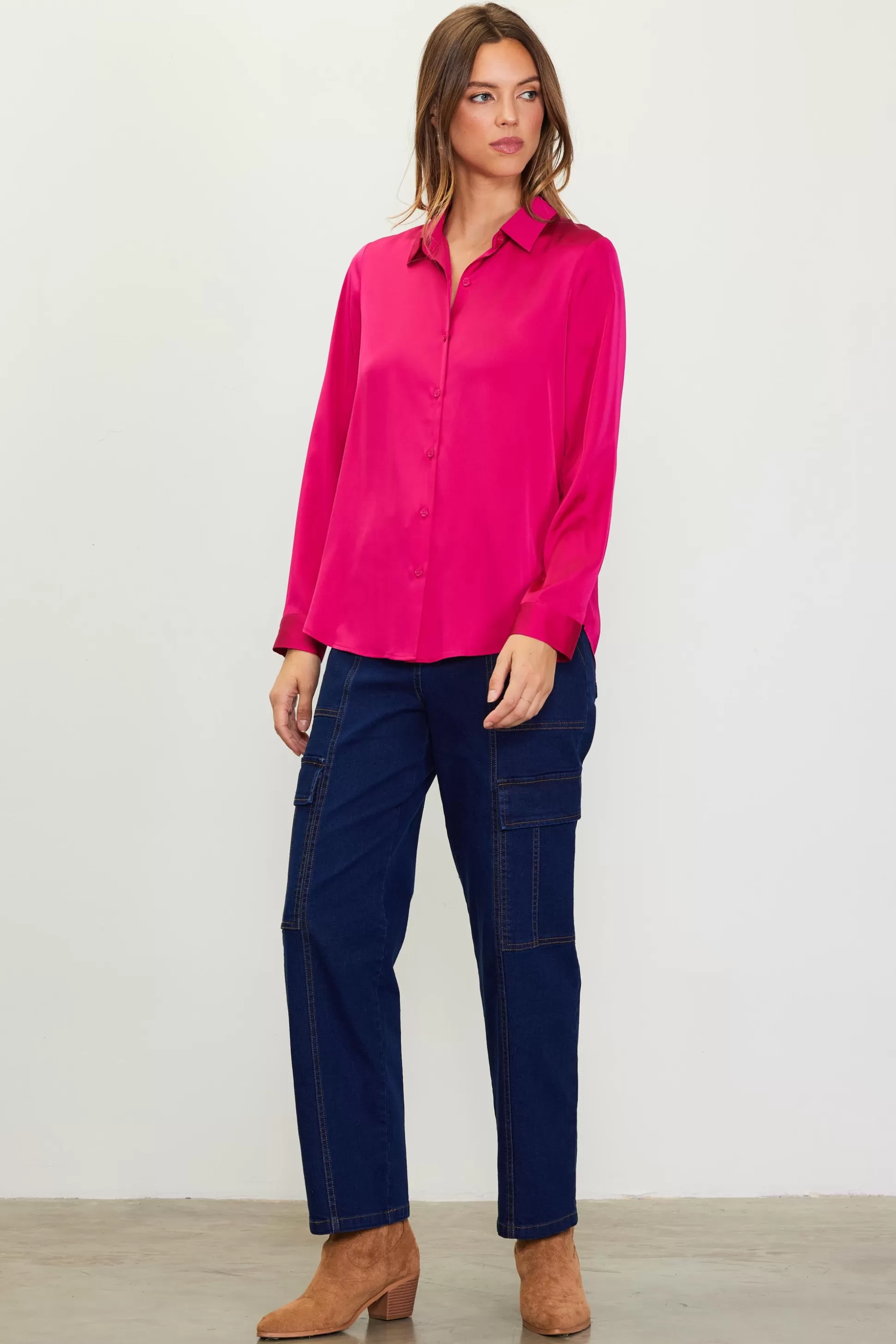 SKIES ARE BLUE Blouses | Long Sleeve Tops>Recycled Classic Button Down Top Berrypink