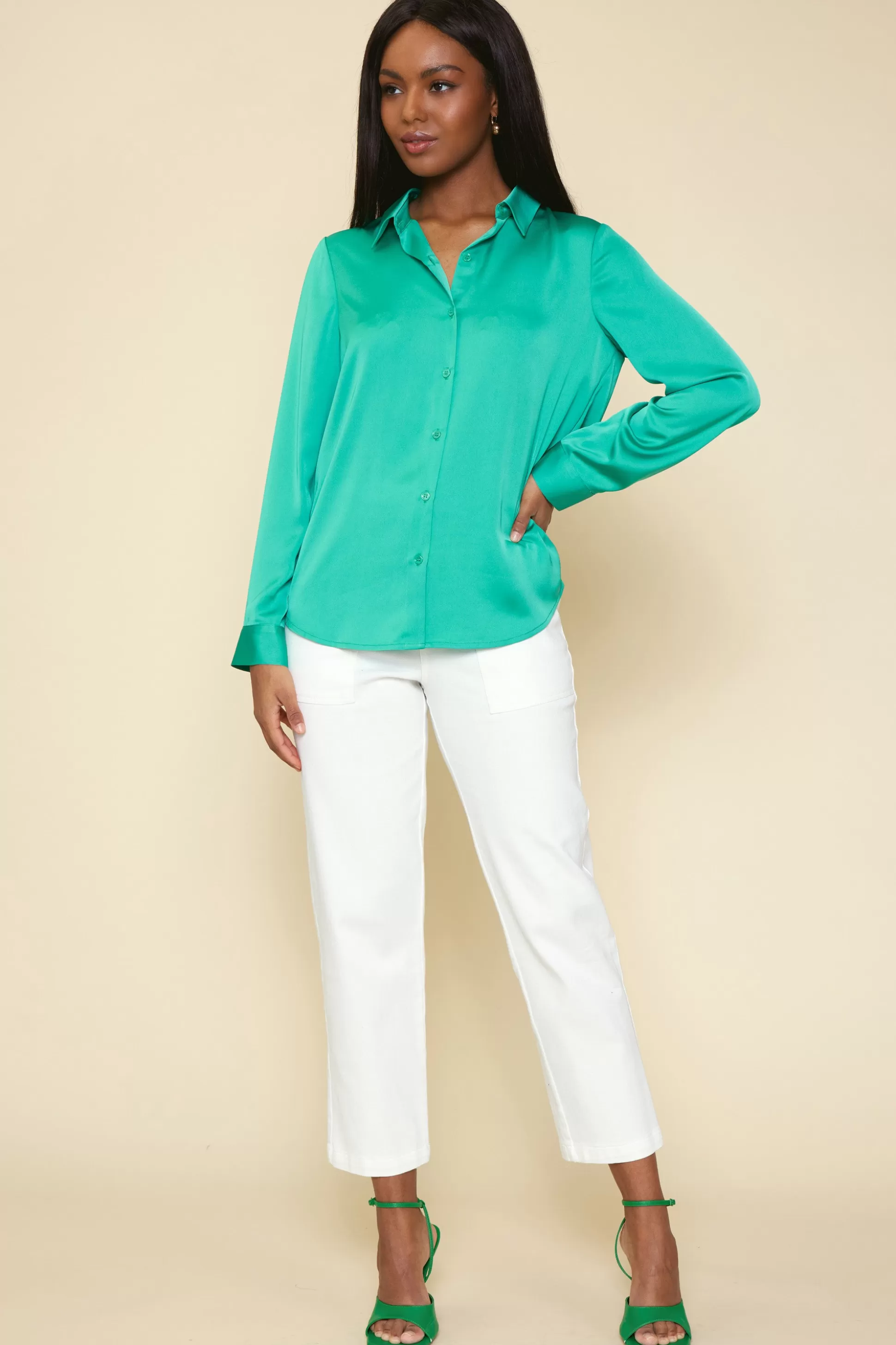 SKIES ARE BLUE Blouses | Long Sleeve Tops>Recycled Classic Button Down Top Emeraldgreen