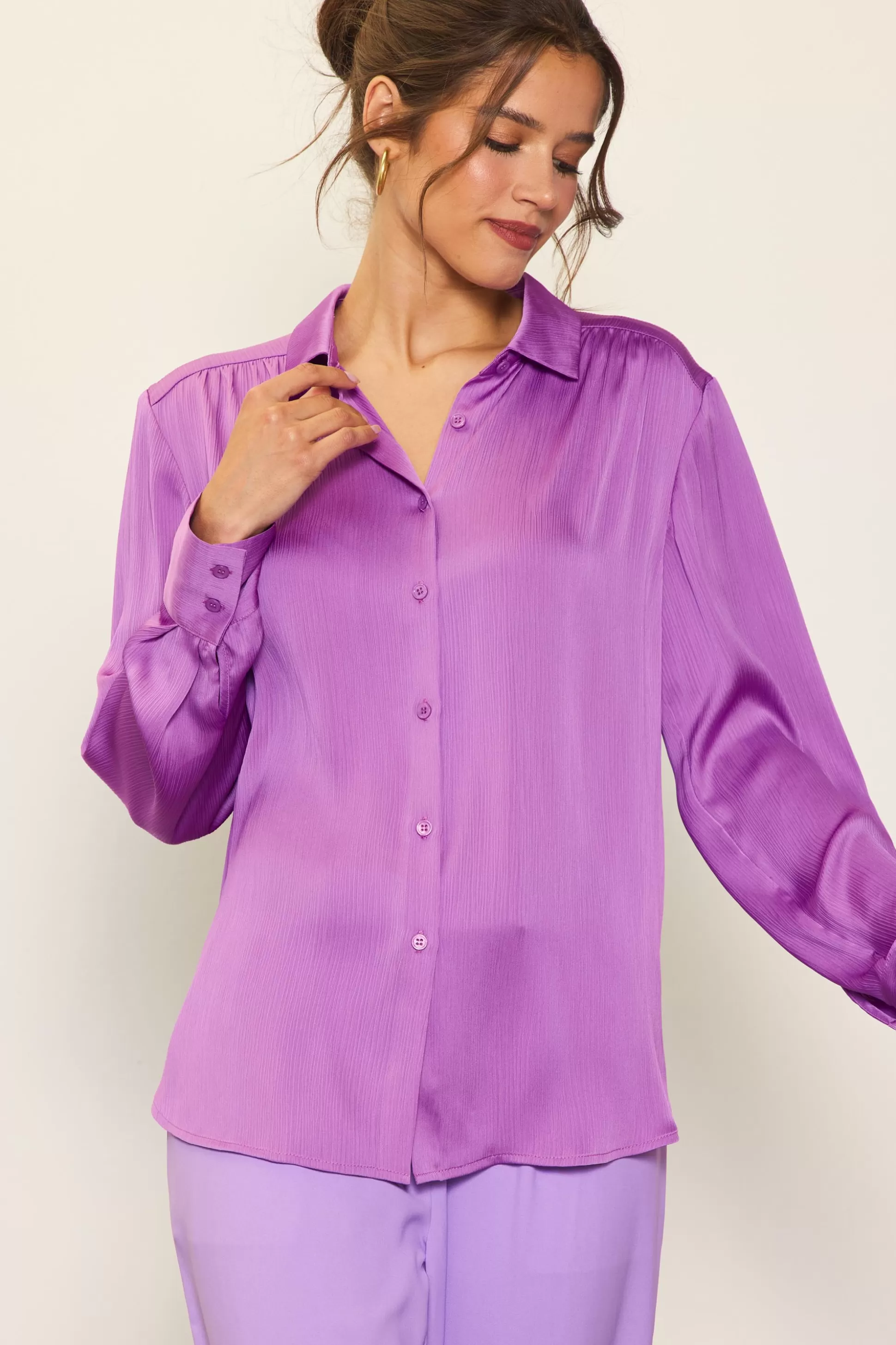 SKIES ARE BLUE Long Sleeve Tops>Recycled Crinkle Satin Buttondown Mindfulmauve