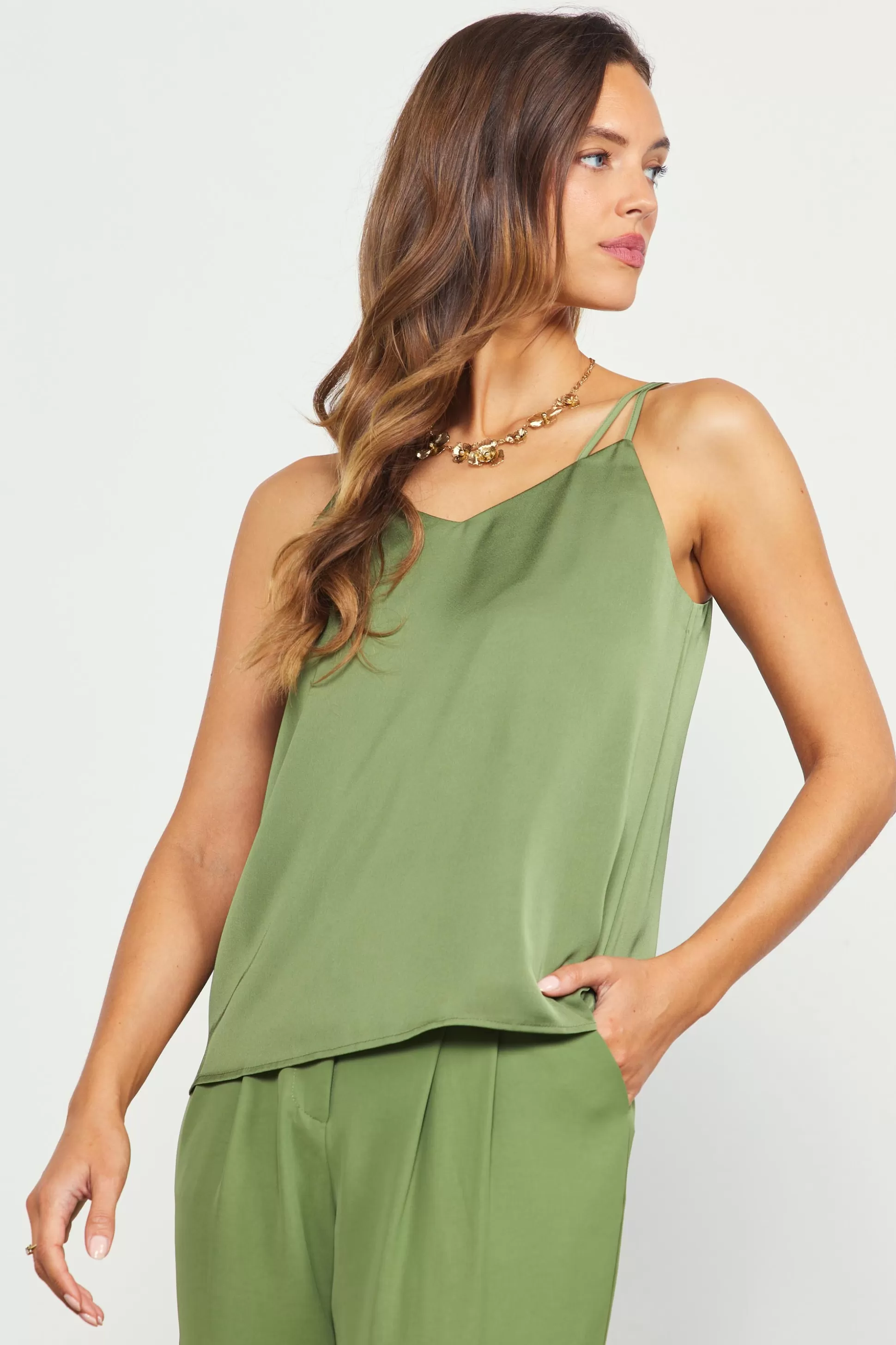 SKIES ARE BLUE Sleeveless Tops>Recycled Double Strap Cami Olive