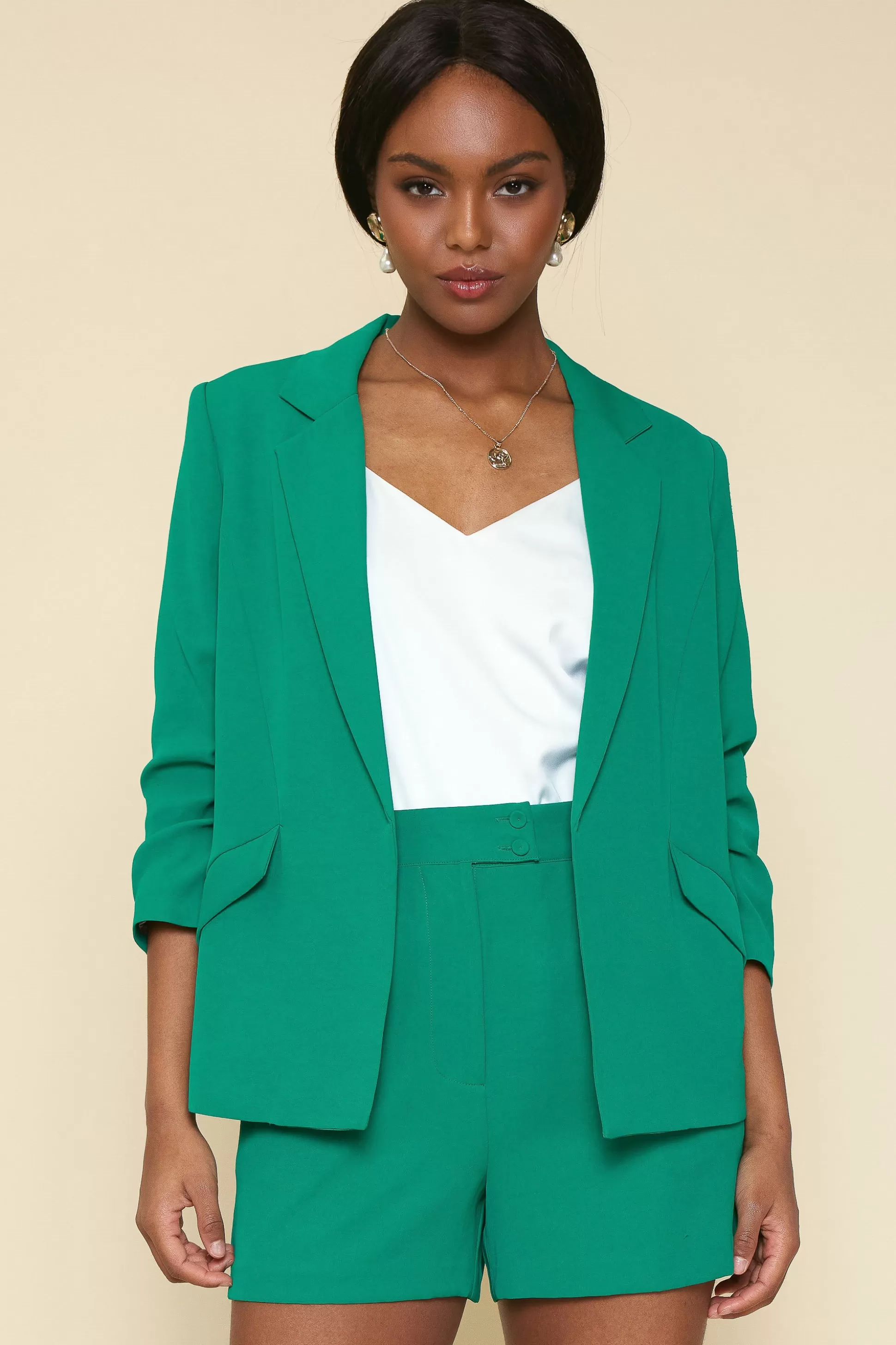 SKIES ARE BLUE Blazers>Recycled Shirred Sleeve Blazer Kelly-green