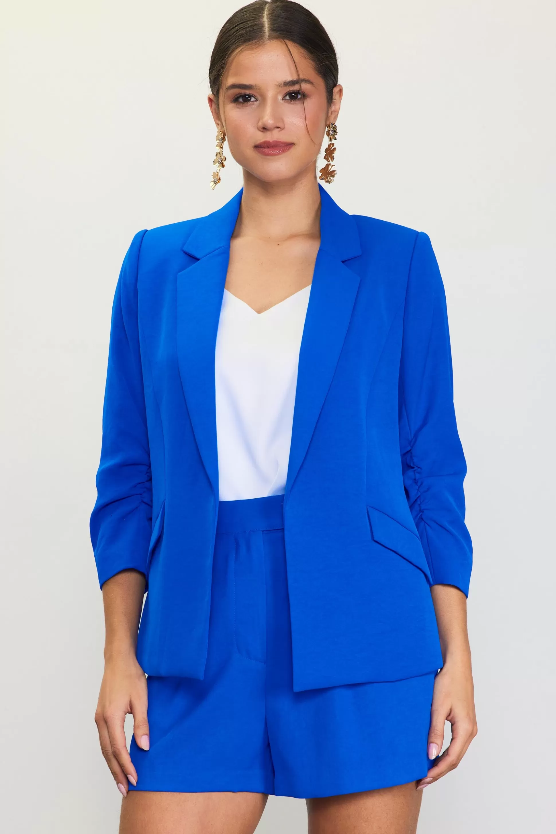 SKIES ARE BLUE Blazers>Recycled Shirred Sleeve Blazer Electricblue