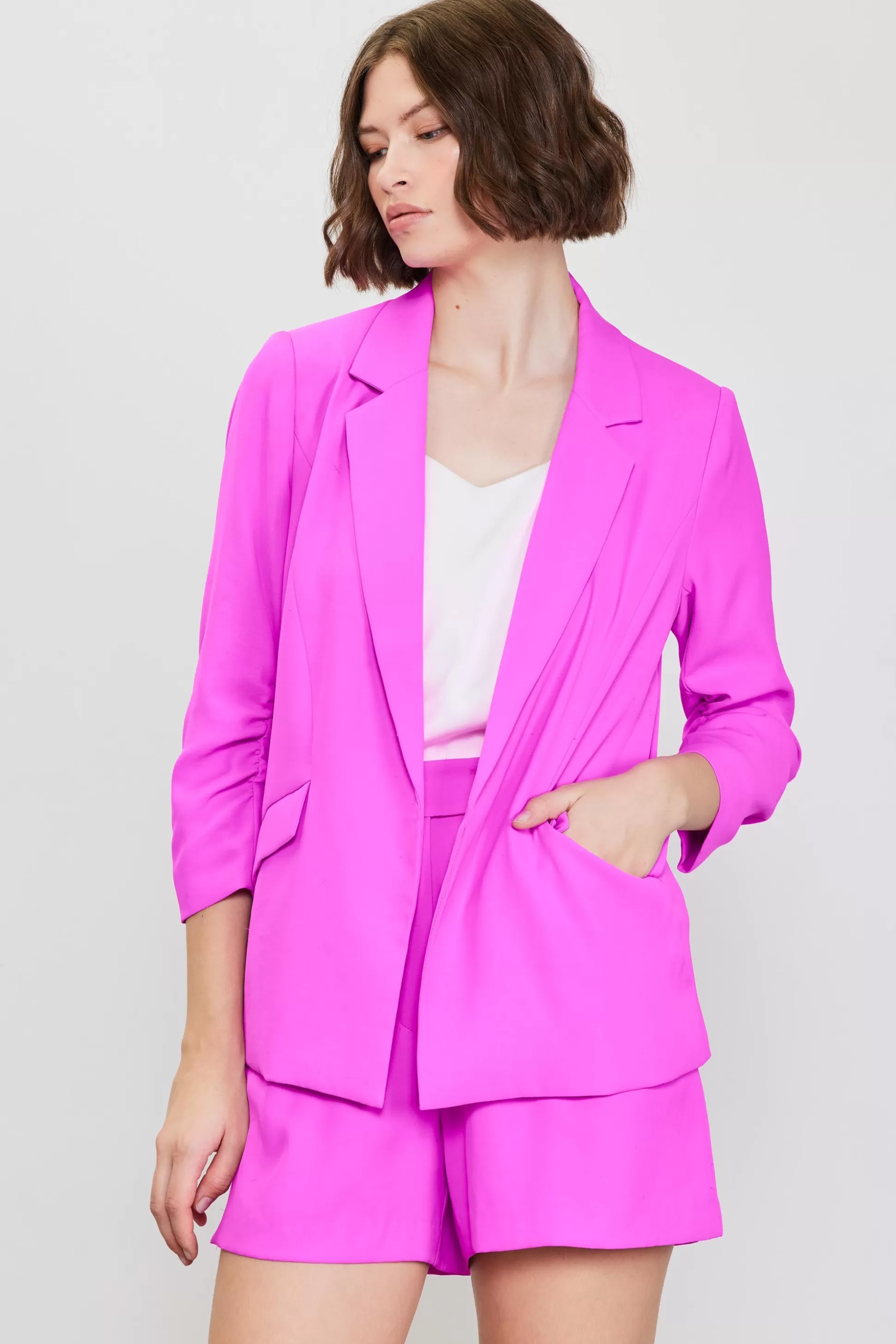 SKIES ARE BLUE Blazers>Recycled Shirred Sleeve Blazer Roseviolet