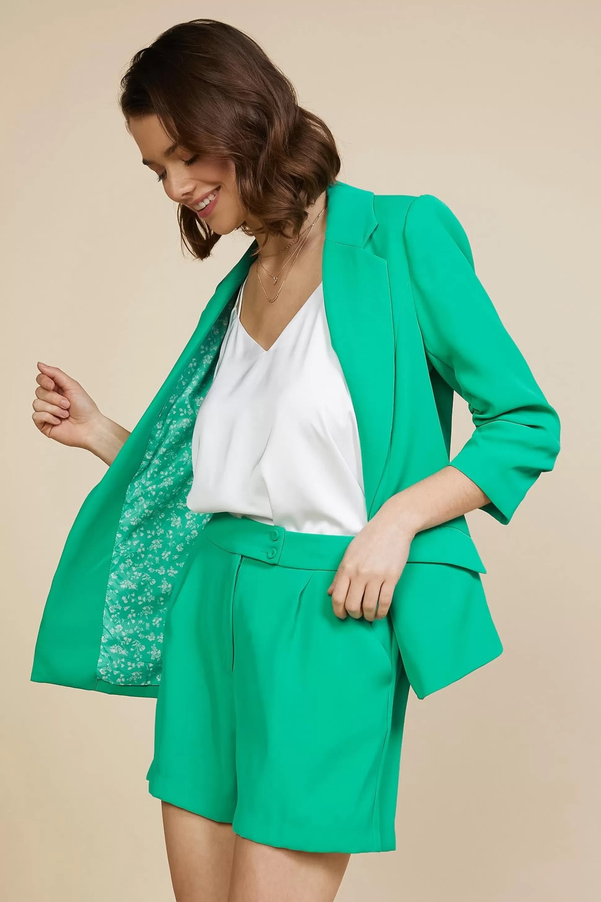 SKIES ARE BLUE Blazers>Recycled Shirred Sleeve Blazer Emeraldgreen