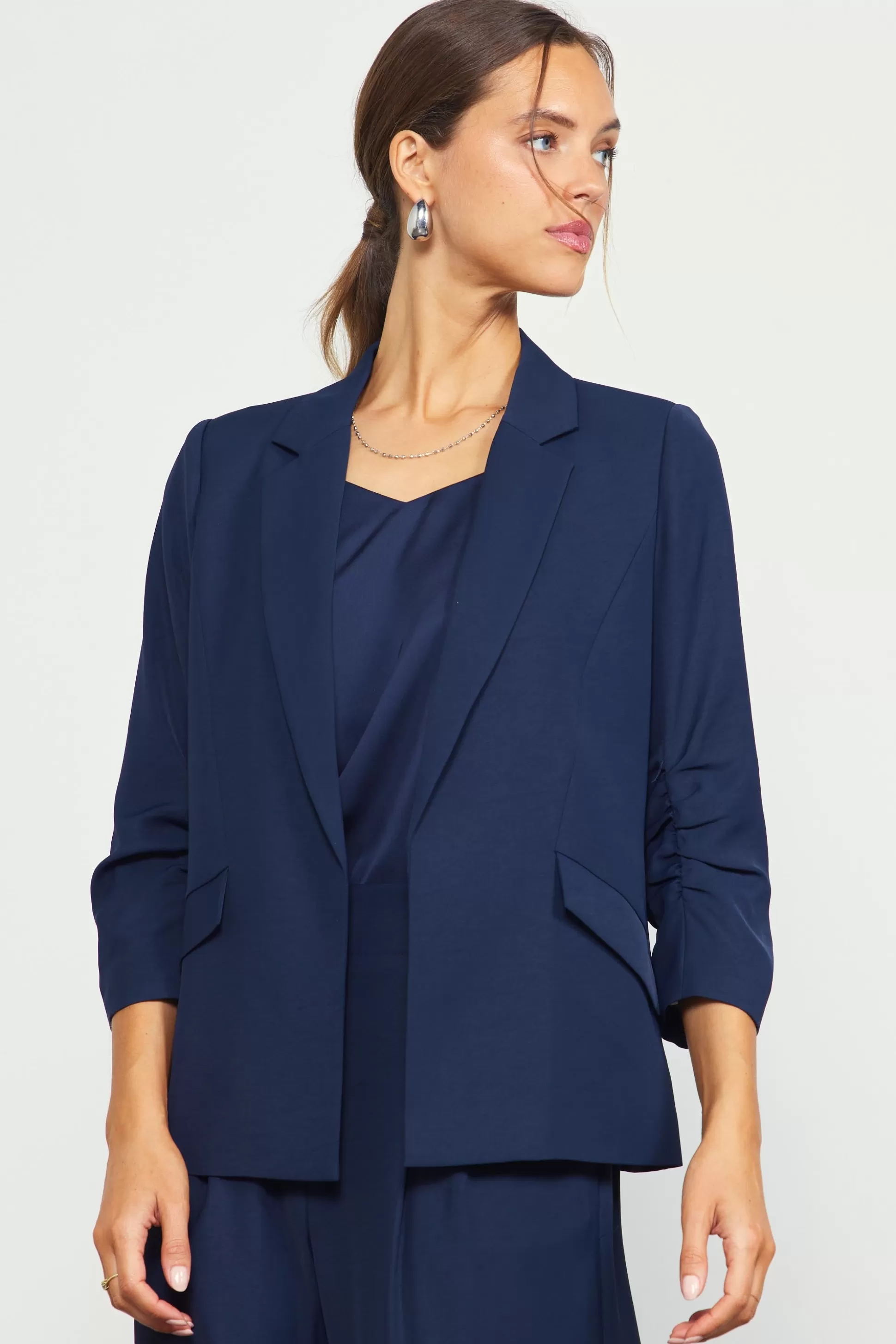 SKIES ARE BLUE Blazers>Recycled Shirred Sleeve Blazer Navy