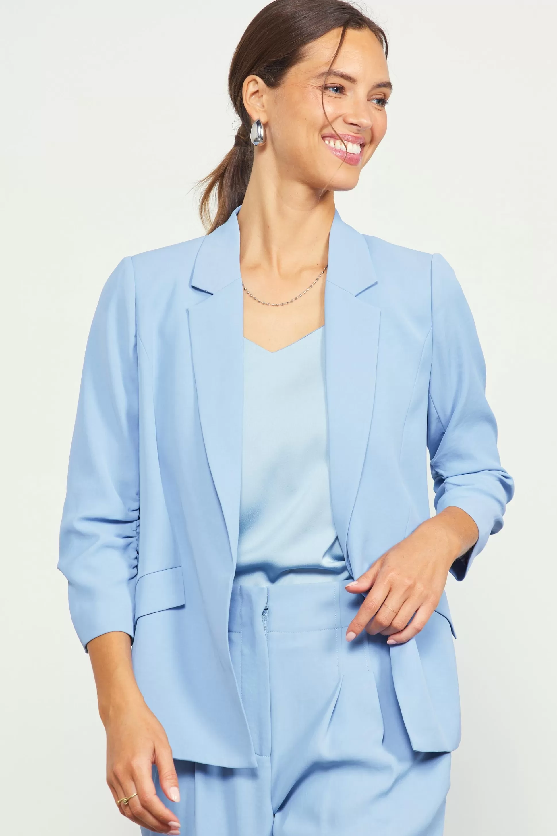 SKIES ARE BLUE Blazers>Recycled Shirred Sleeve Blazer Dustyblue