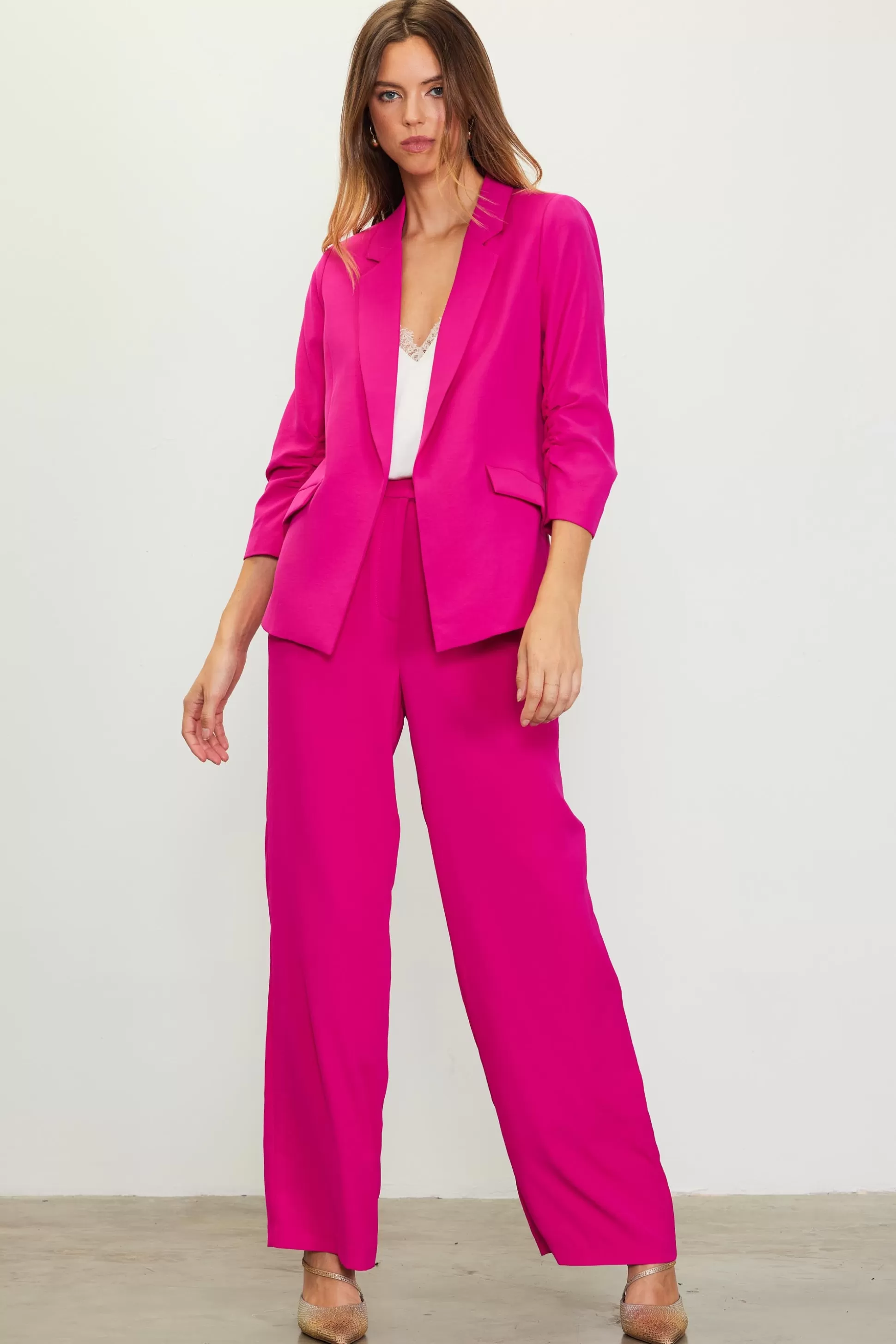 SKIES ARE BLUE Blazers>Recycled Shirred Sleeve Blazer Berrypink