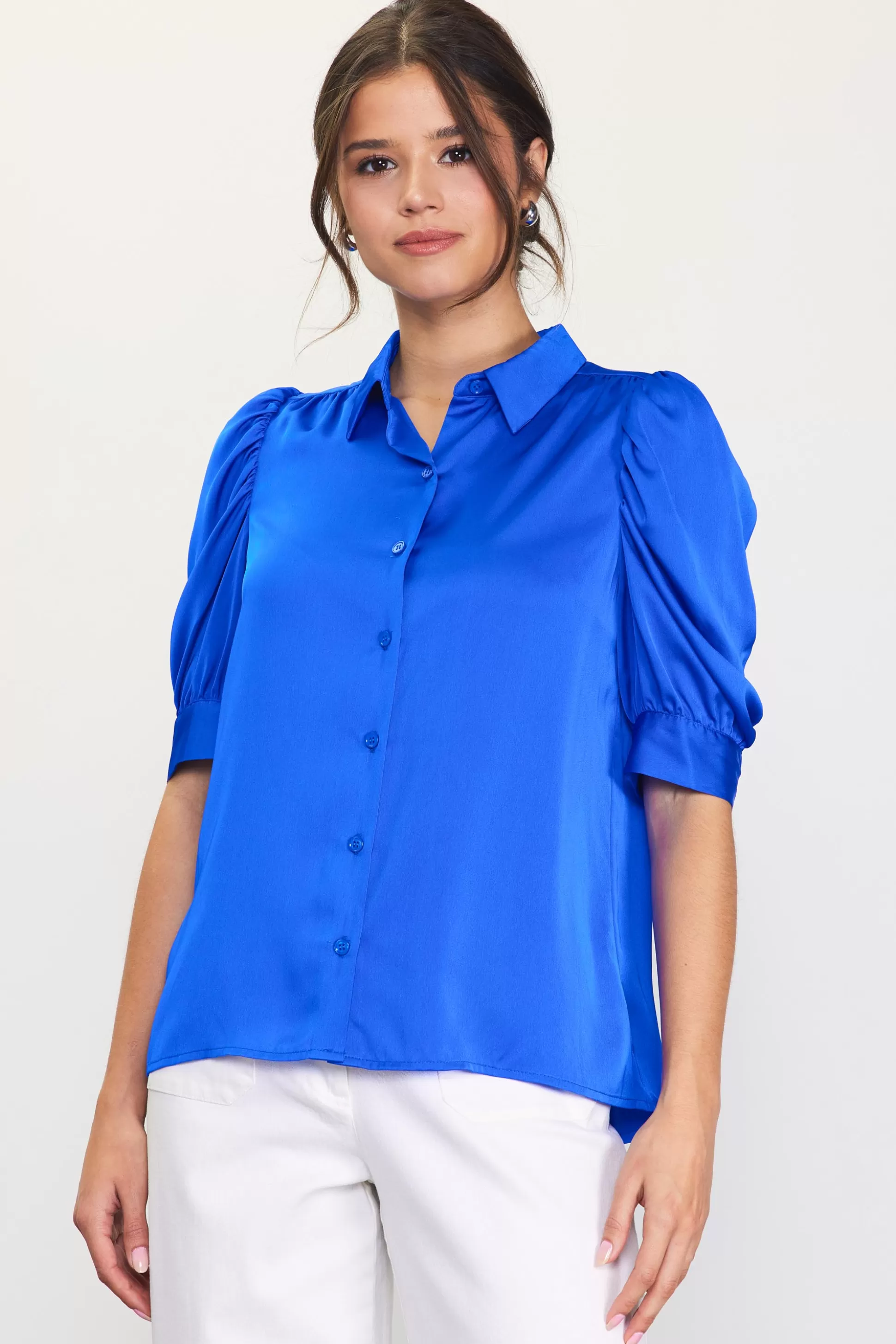 SKIES ARE BLUE Blouses | Short Sleeve Tops>Recycled Shirred Sleeve Blouse Neonblue