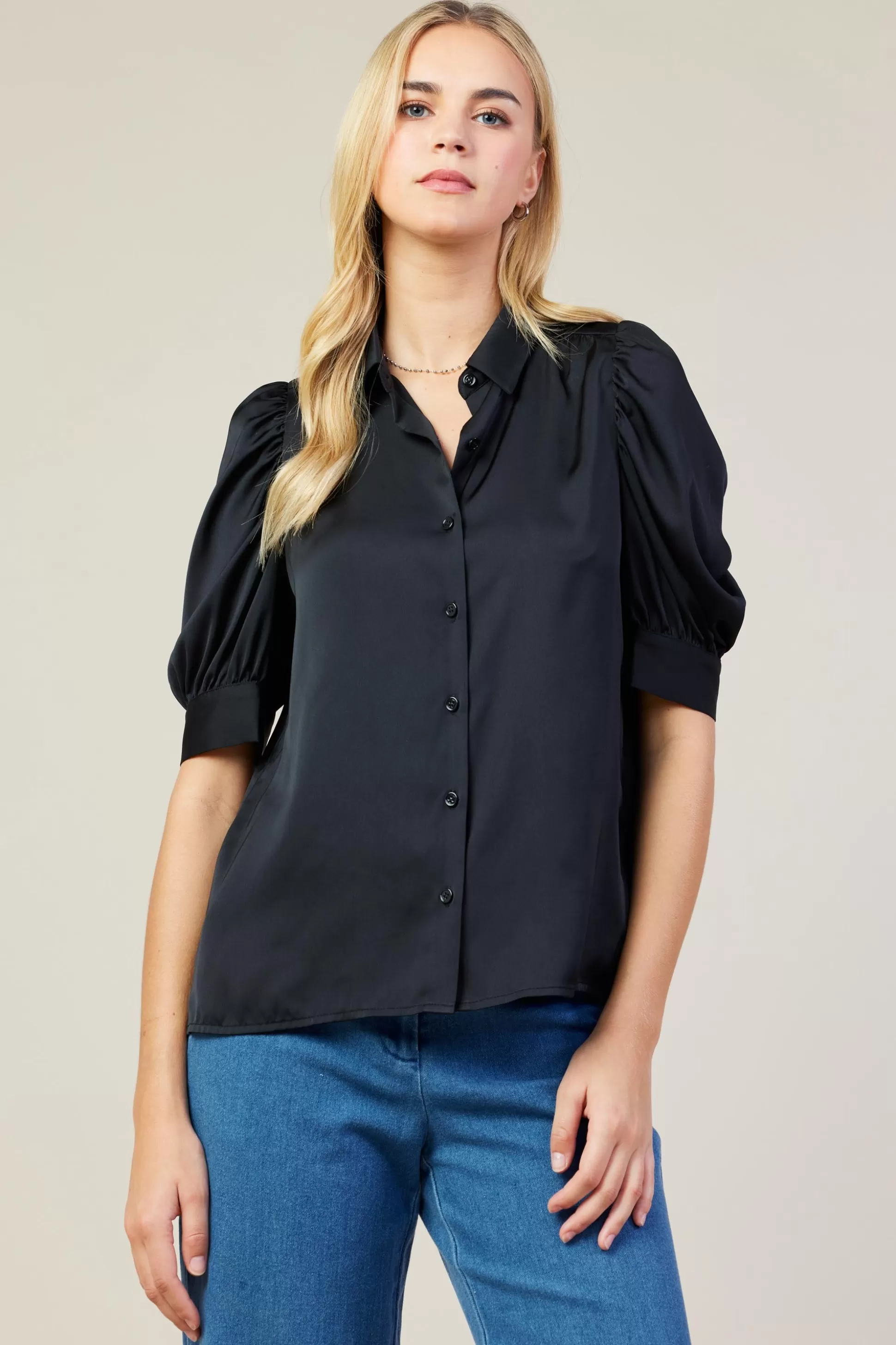 SKIES ARE BLUE Blouses | Short Sleeve Tops>Recycled Shirred Sleeve Blouse Black