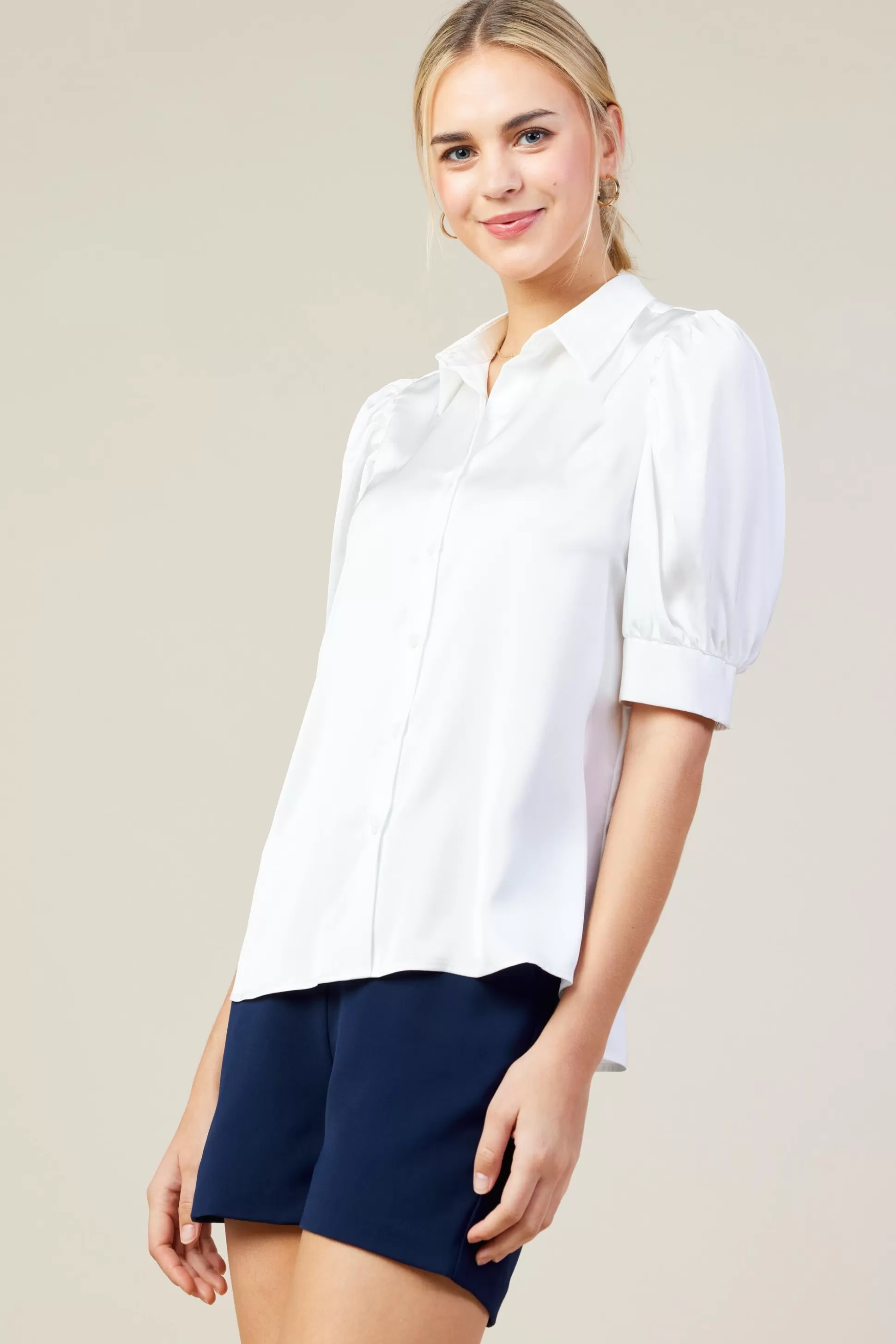 SKIES ARE BLUE Blouses | Short Sleeve Tops>Recycled Shirred Sleeve Blouse White