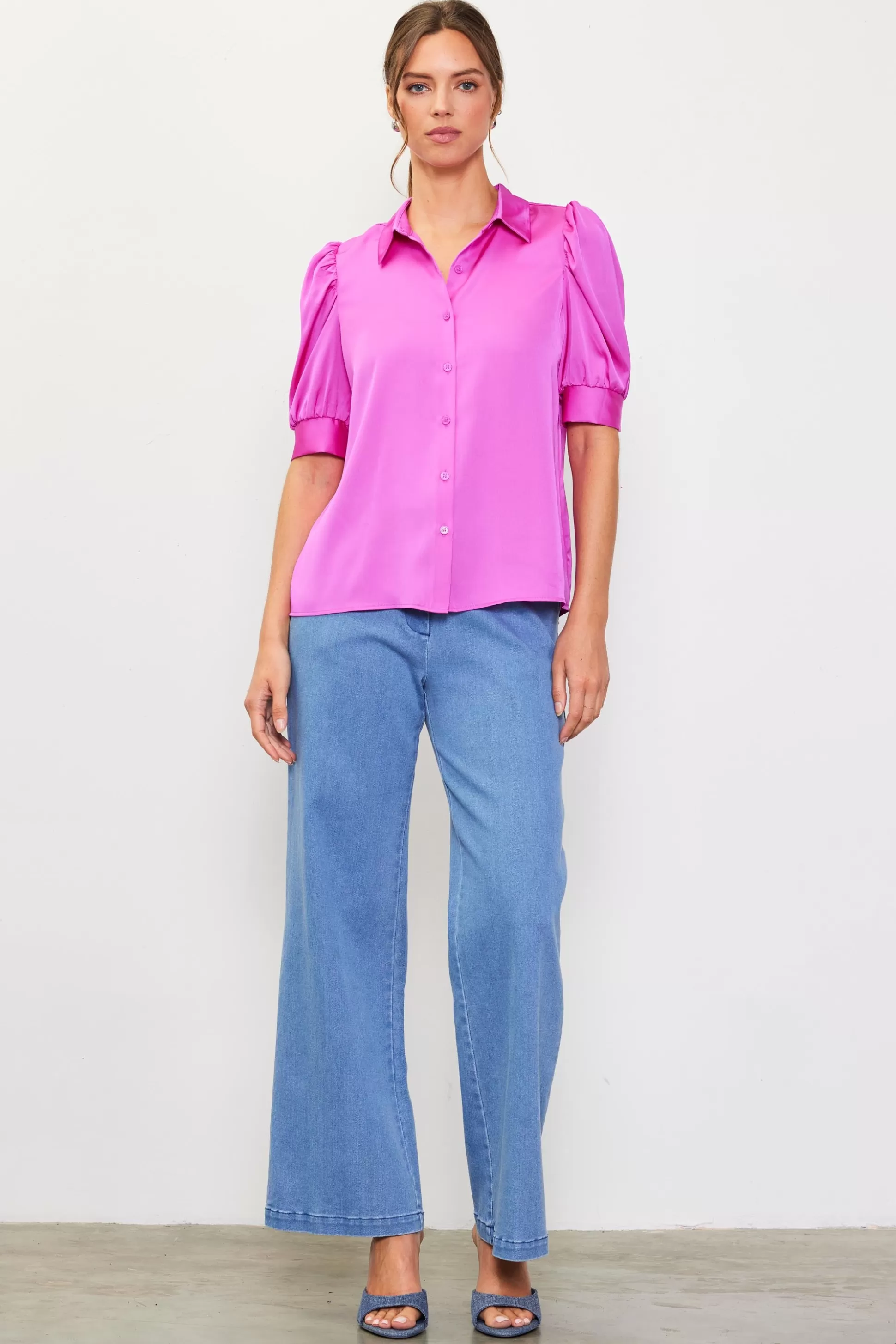 SKIES ARE BLUE Blouses | Short Sleeve Tops>Recycled Shirred Sleeve Blouse Roseviolet