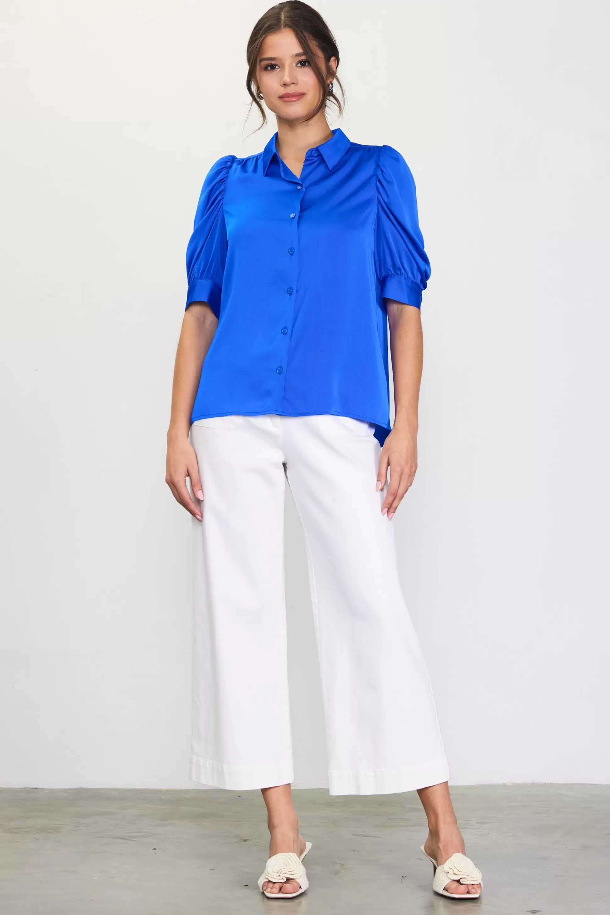 SKIES ARE BLUE Blouses | Short Sleeve Tops>Recycled Shirred Sleeve Blouse Neonblue