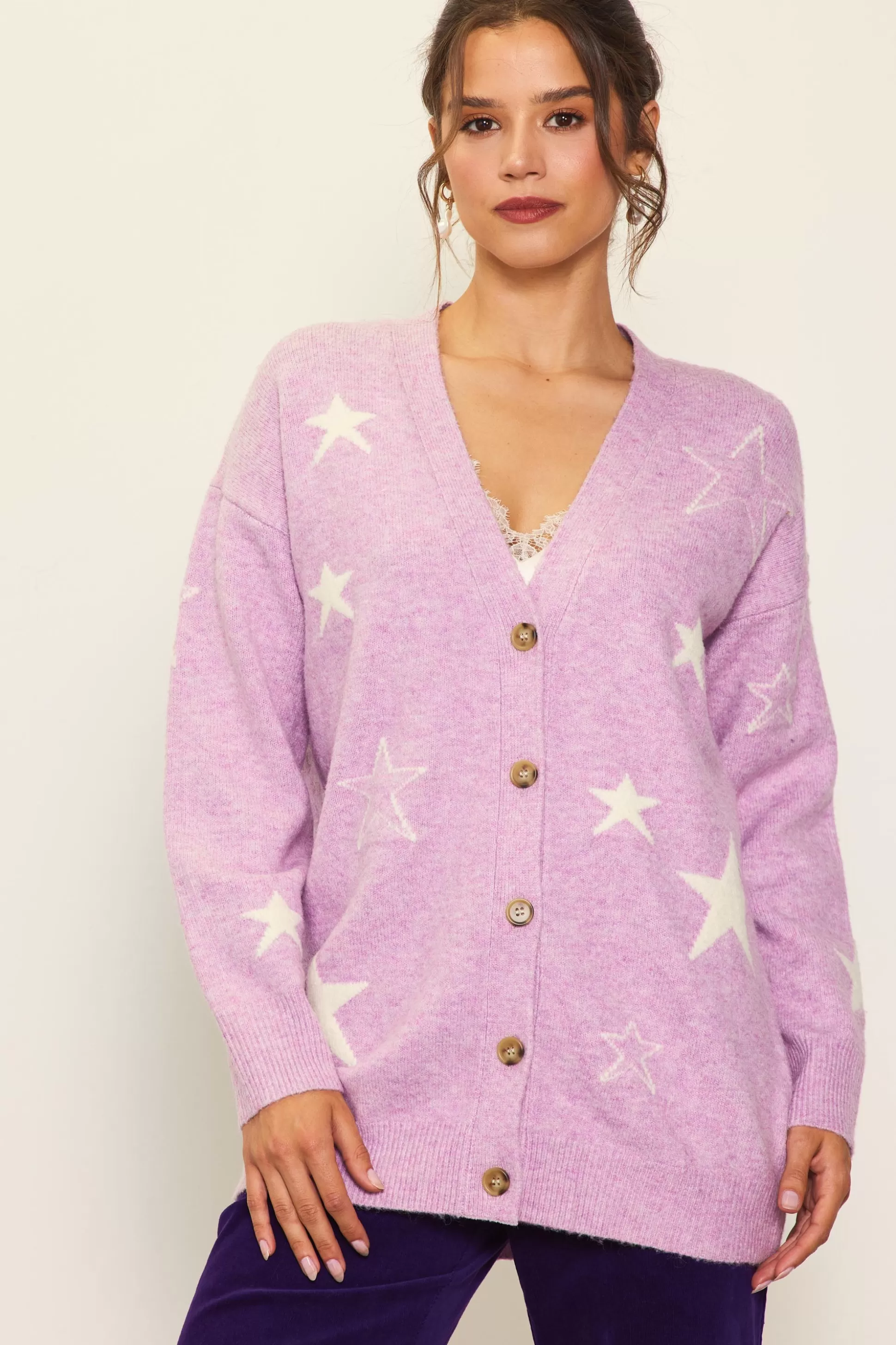 SKIES ARE BLUE Outerwear | Sweaters>Recycled Star Motif Sweater Cardigan Mauve