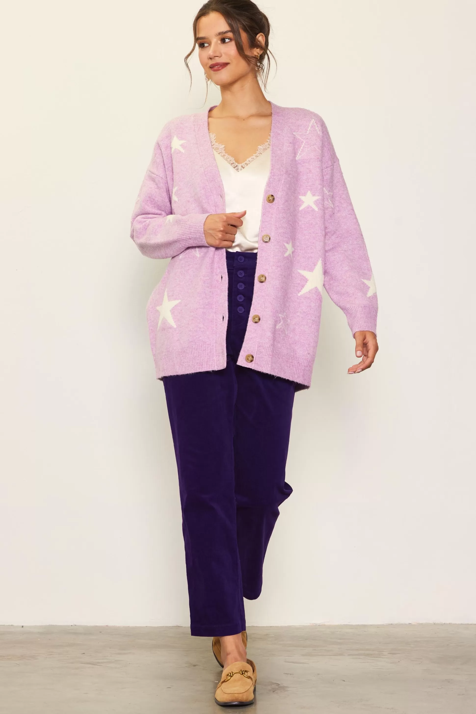 SKIES ARE BLUE Outerwear | Sweaters>Recycled Star Motif Sweater Cardigan Mauve