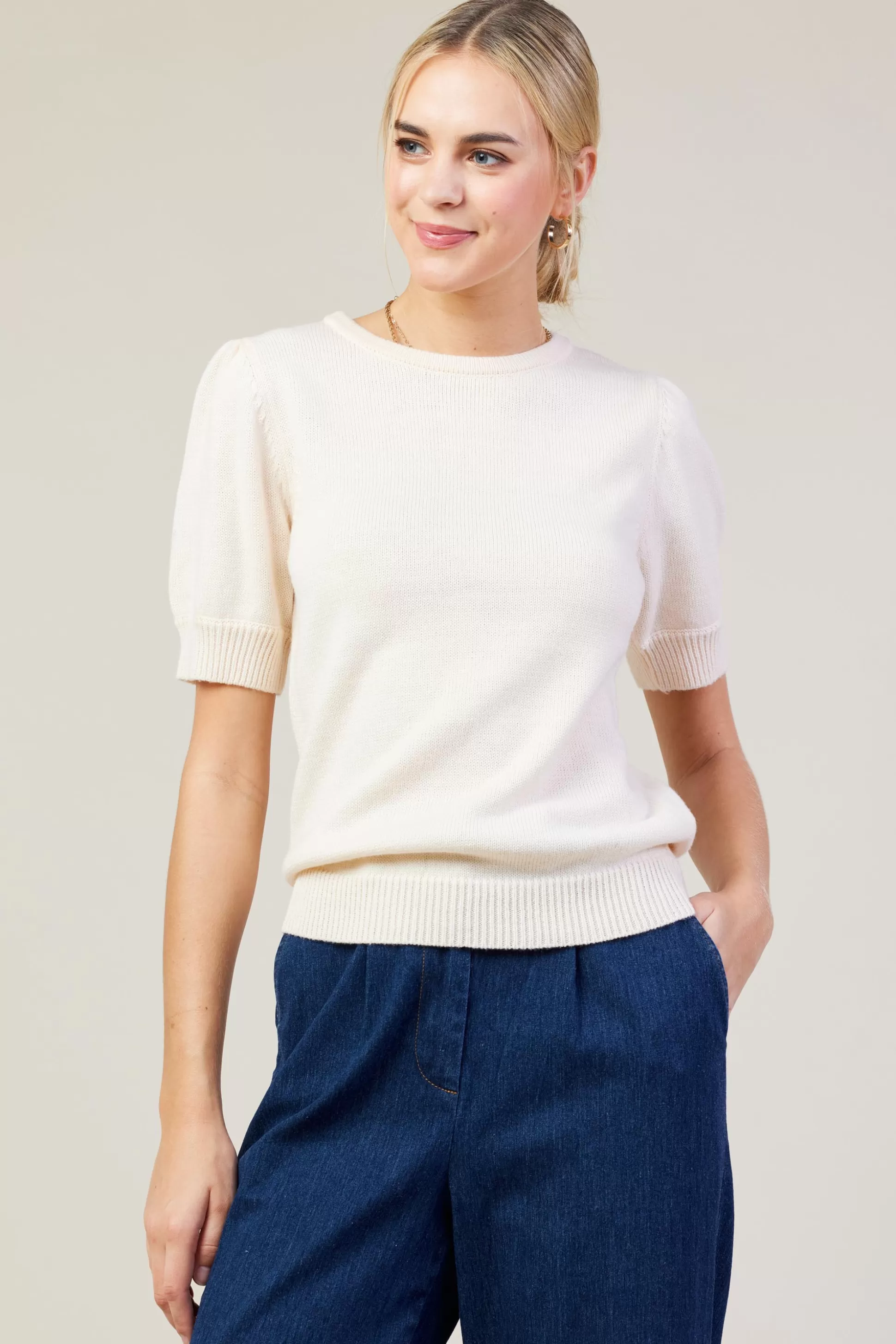 SKIES ARE BLUE Sweaters>Recycled Yarn Short Sleeve Sweater Cream