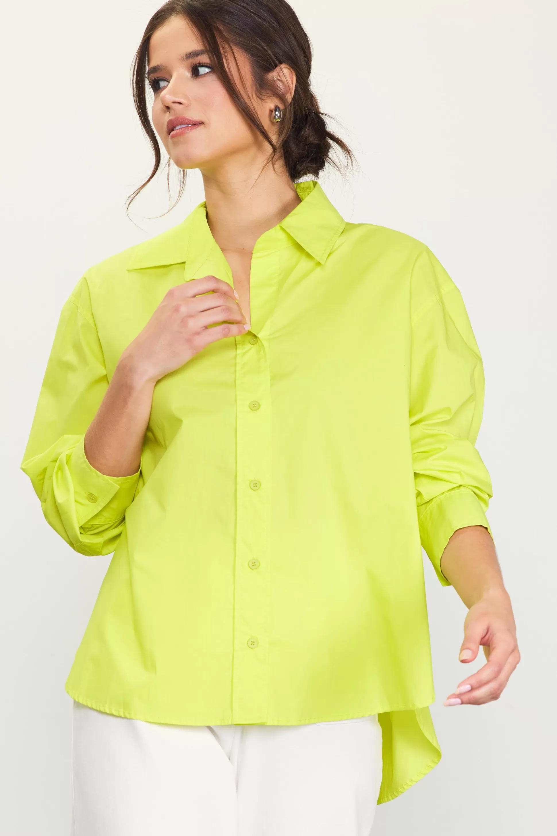 SKIES ARE BLUE Long Sleeve Tops>Relaxed Fit Poplin Longsleeve Shirt Limeyellow