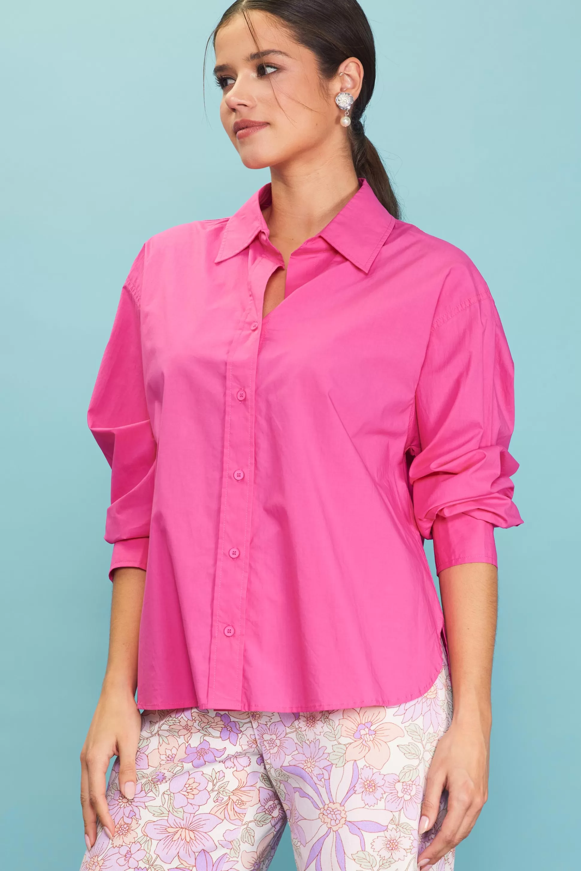 SKIES ARE BLUE Long Sleeve Tops>Relaxed Fit Poplin Longsleeve Shirt Flamingo