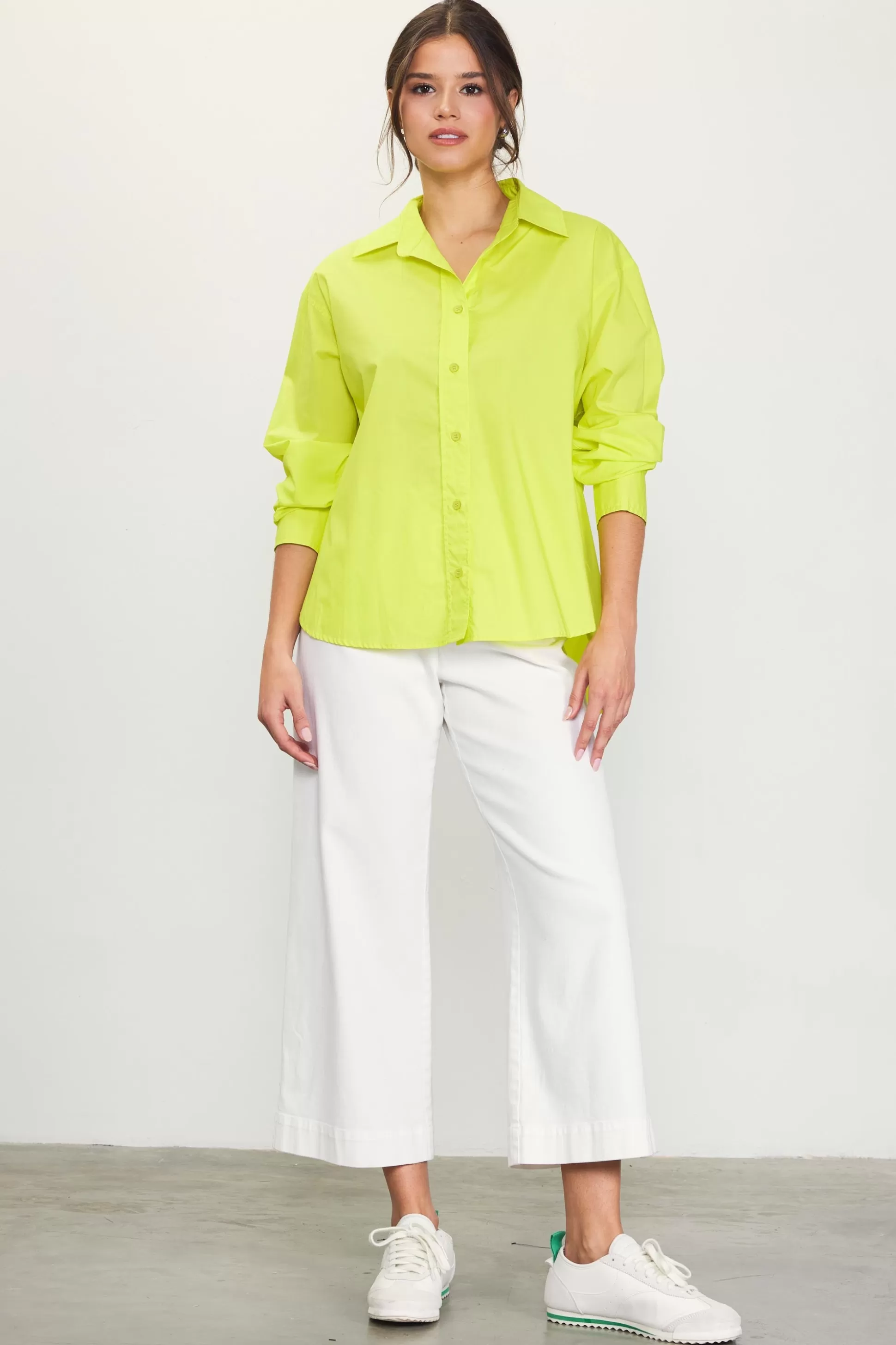 SKIES ARE BLUE Long Sleeve Tops>Relaxed Fit Poplin Longsleeve Shirt Limeyellow