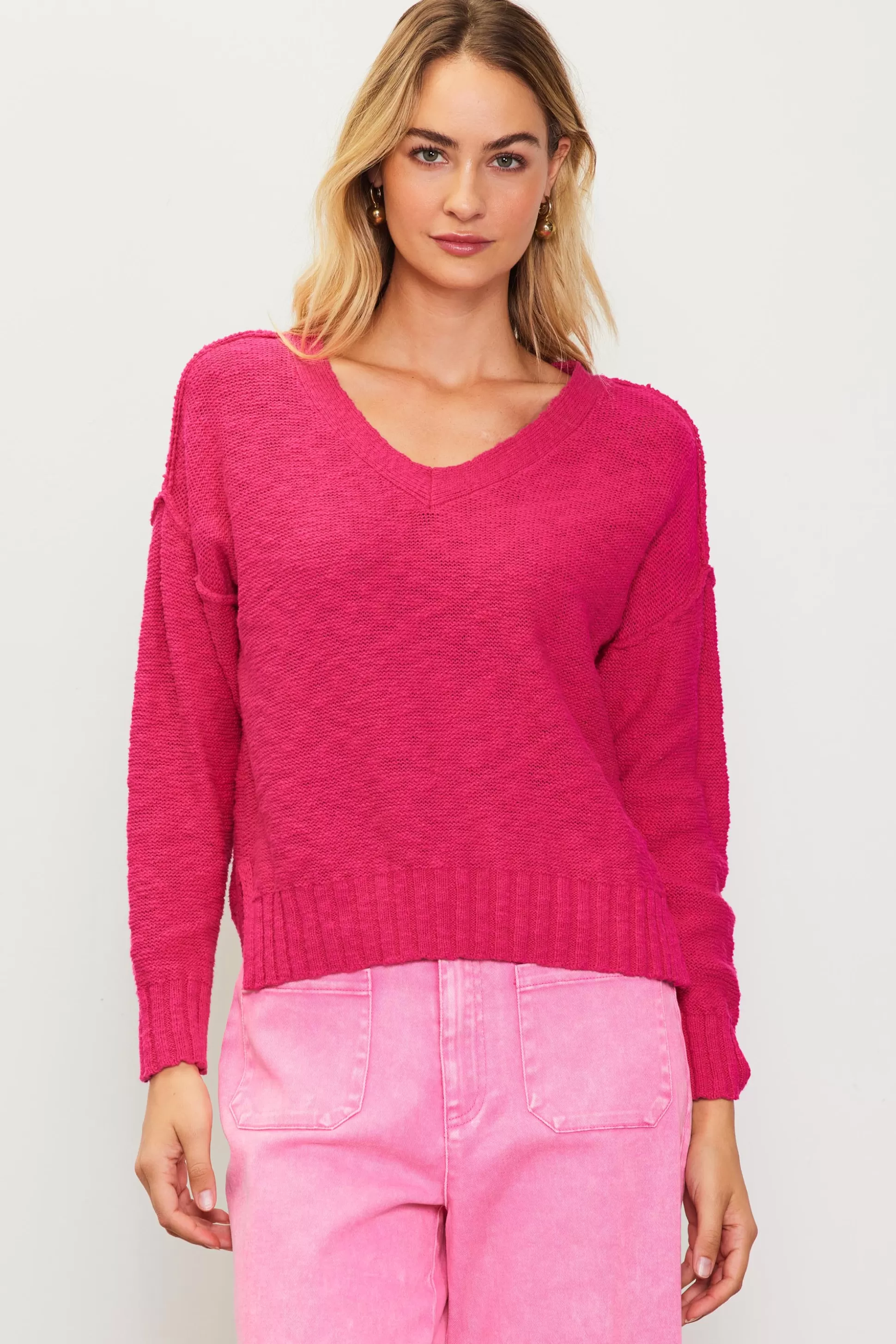 SKIES ARE BLUE Long Sleeve Tops | Sweaters>Relaxed V Neck Sweater Peonypink