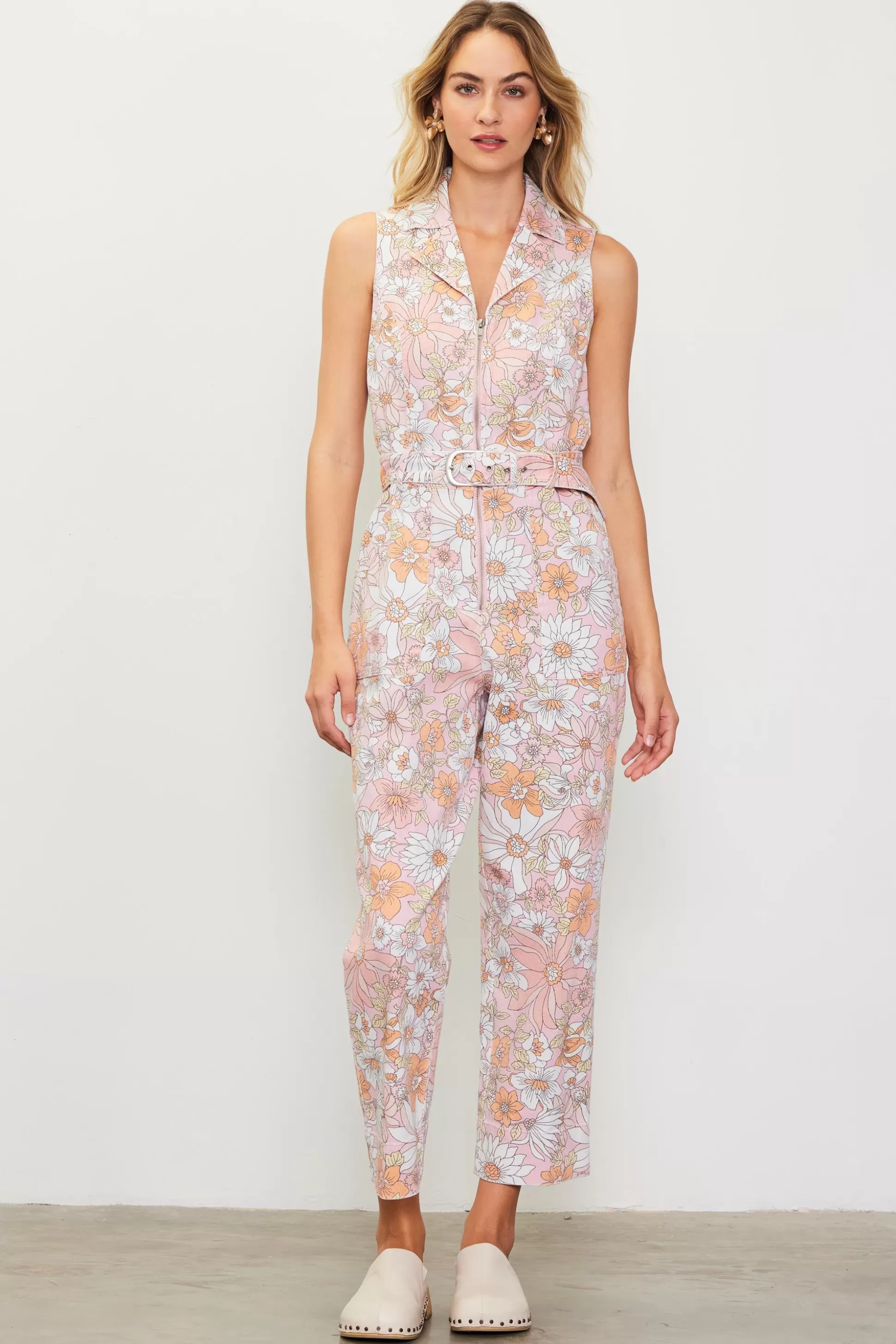 SKIES ARE BLUE Jumpsuits>Retro Floral Belted Zip Jumpsuit Apricot