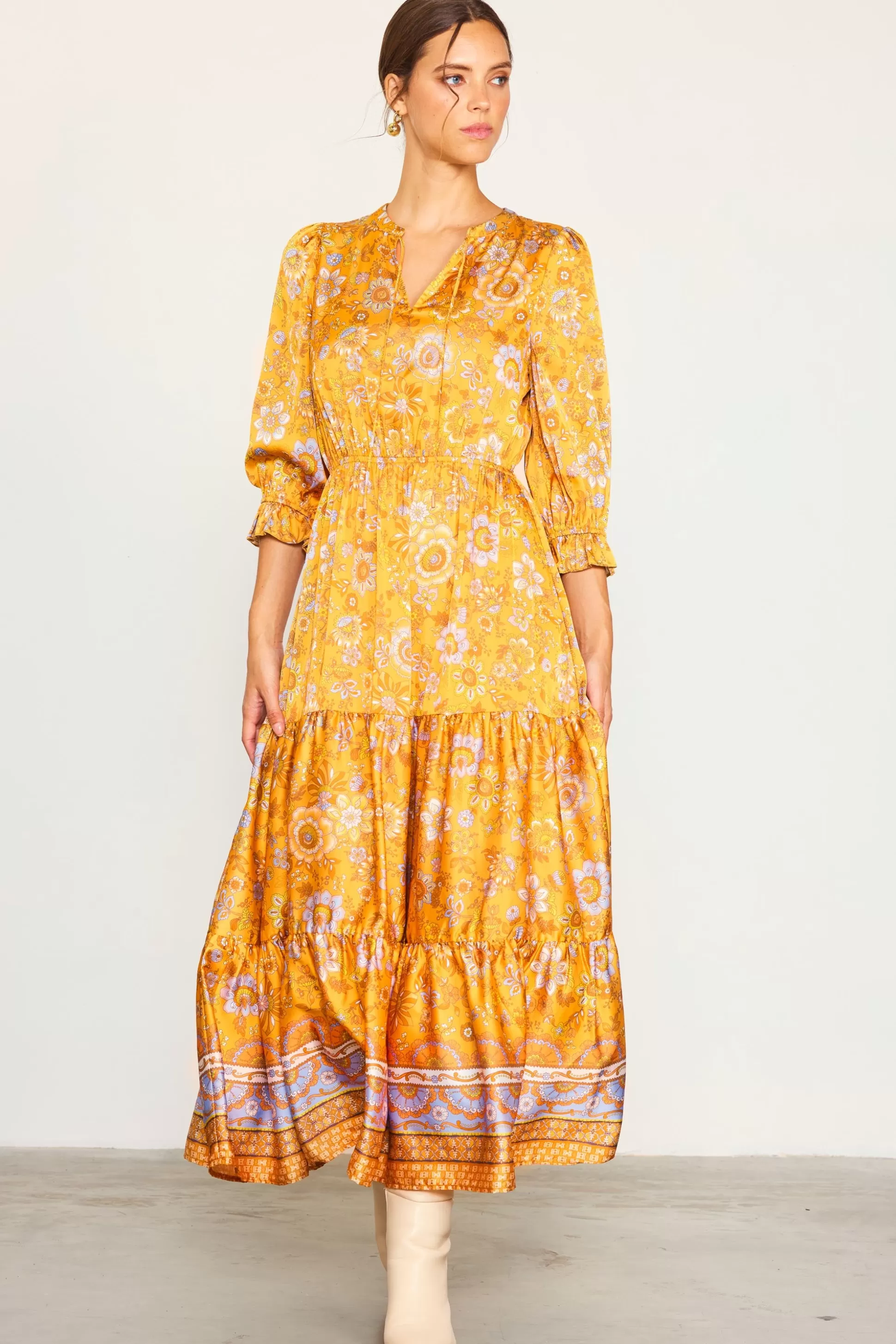 SKIES ARE BLUE Maxi Dresses>Retro Floral Motif Maxi Dress Mustard