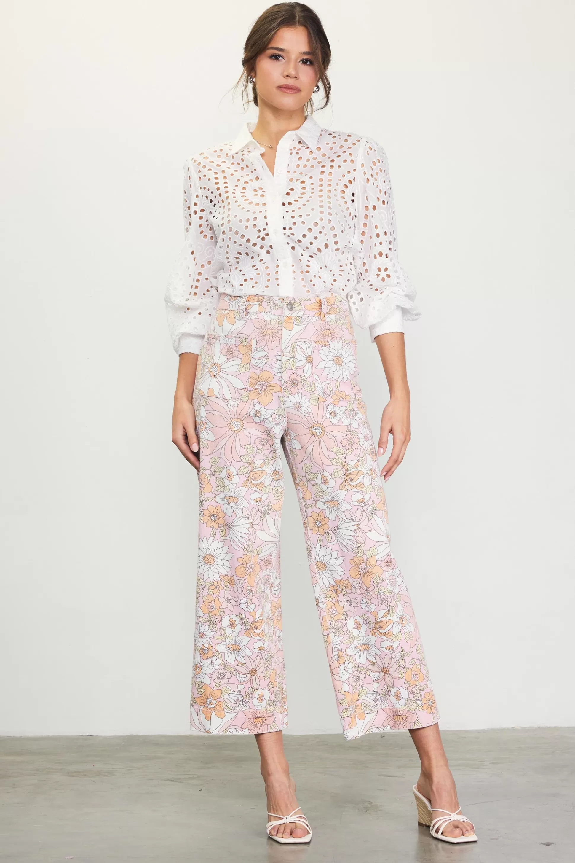 SKIES ARE BLUE Pants>Retro Floral Wide Leg Pants Apricot