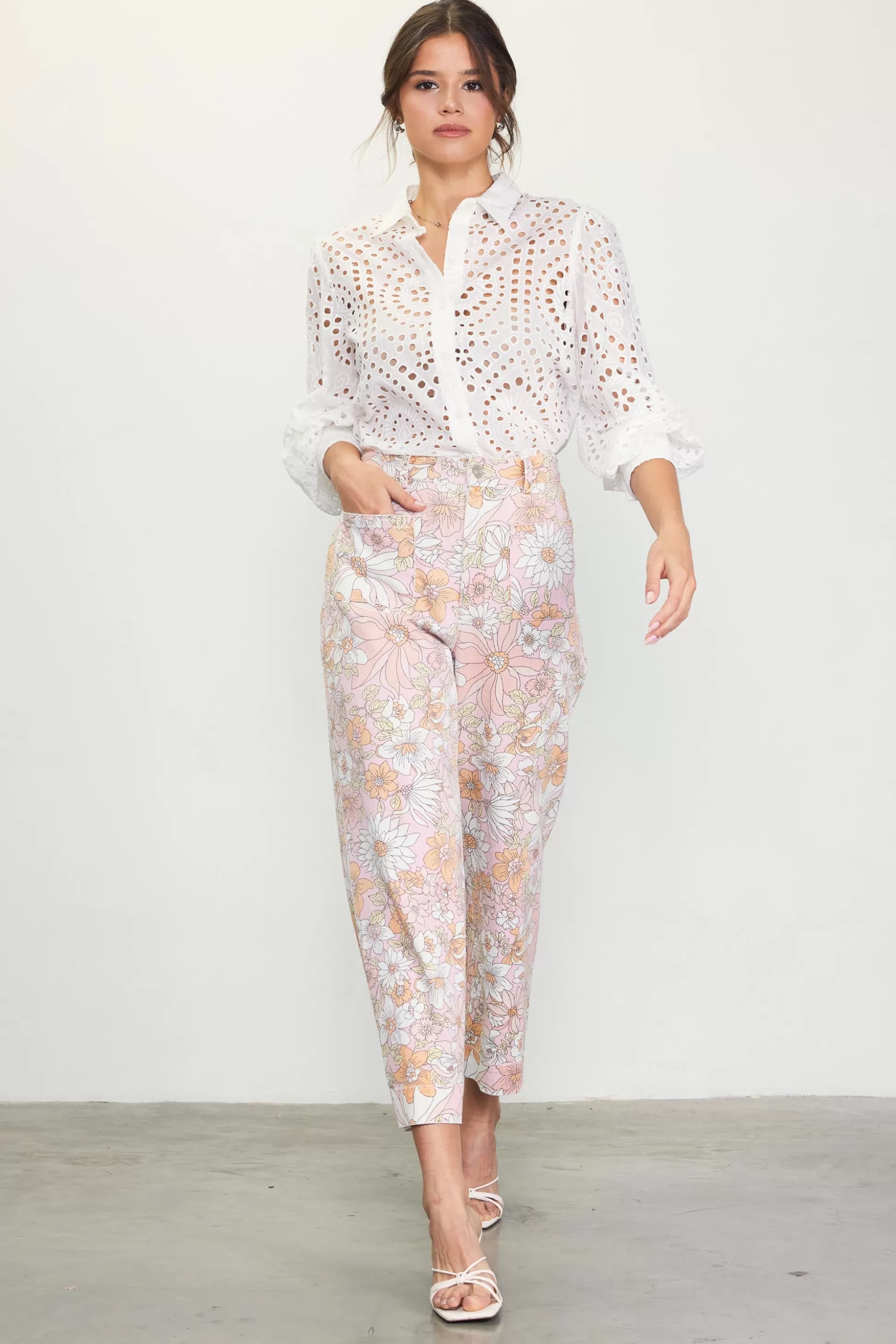 SKIES ARE BLUE Pants>Retro Floral Wide Leg Pants Apricot