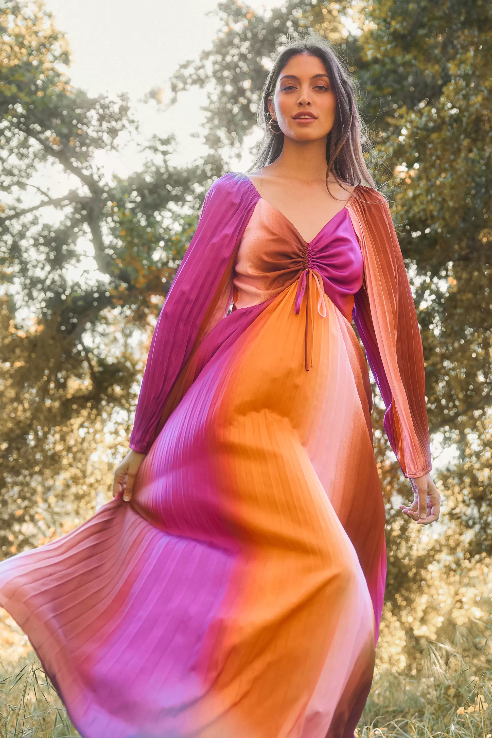 SKIES ARE BLUE Maxi Dresses>Retro Gradation Pleated Maxi Dress Mangoorchid