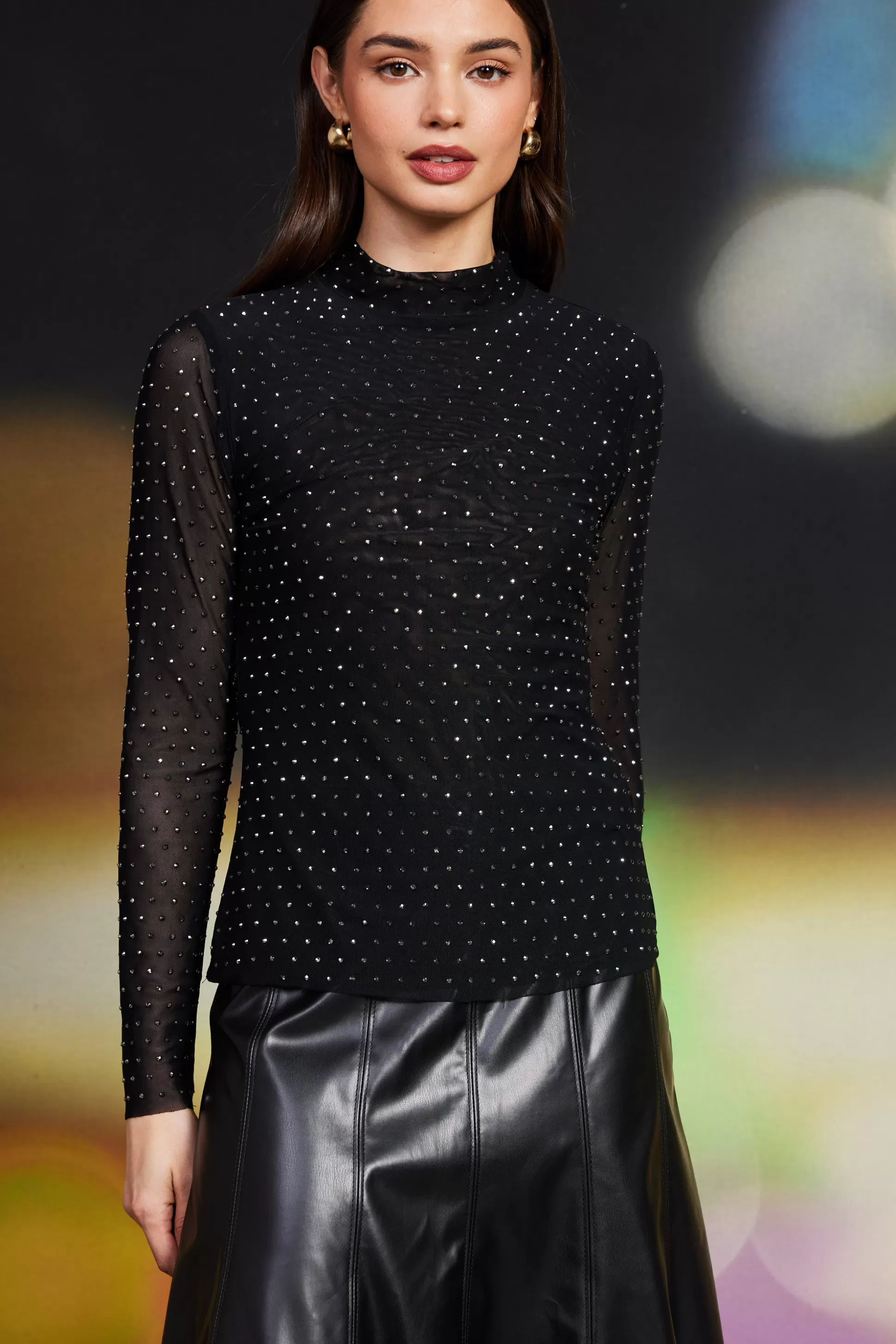 SKIES ARE BLUE Long Sleeve Tops>Rhinestone Mesh Mock Neck Top Black